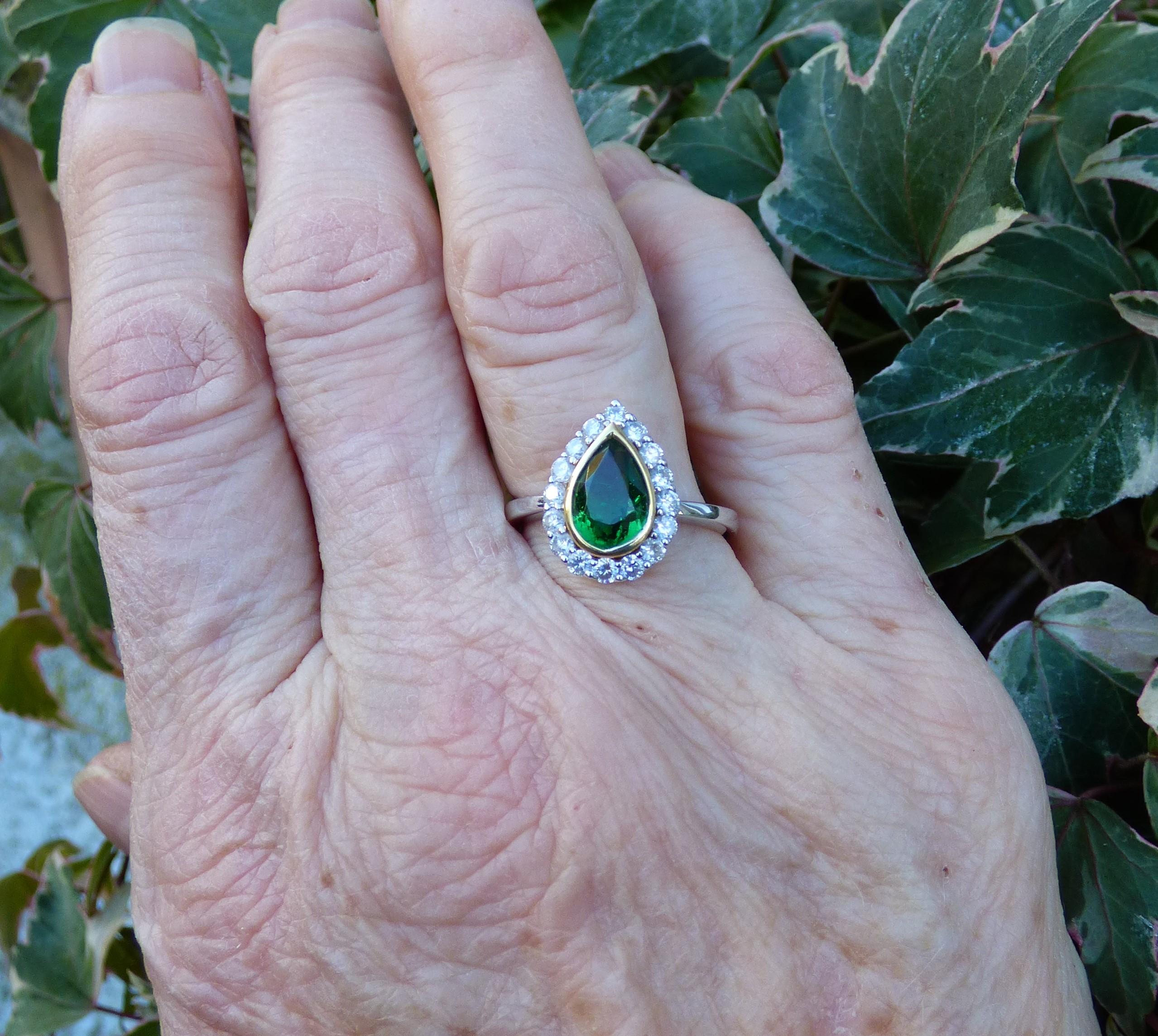 2.04ct Pear Shaped Tsavorite Garnet and Diamond Cluster Ring in 18K Gold For Sale 1