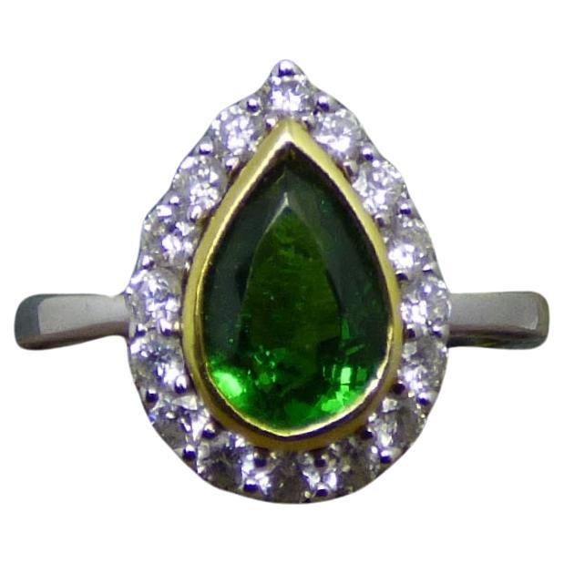 2.04ct Pear Shaped Tsavorite Garnet and Diamond Cluster Ring in 18K Gold For Sale