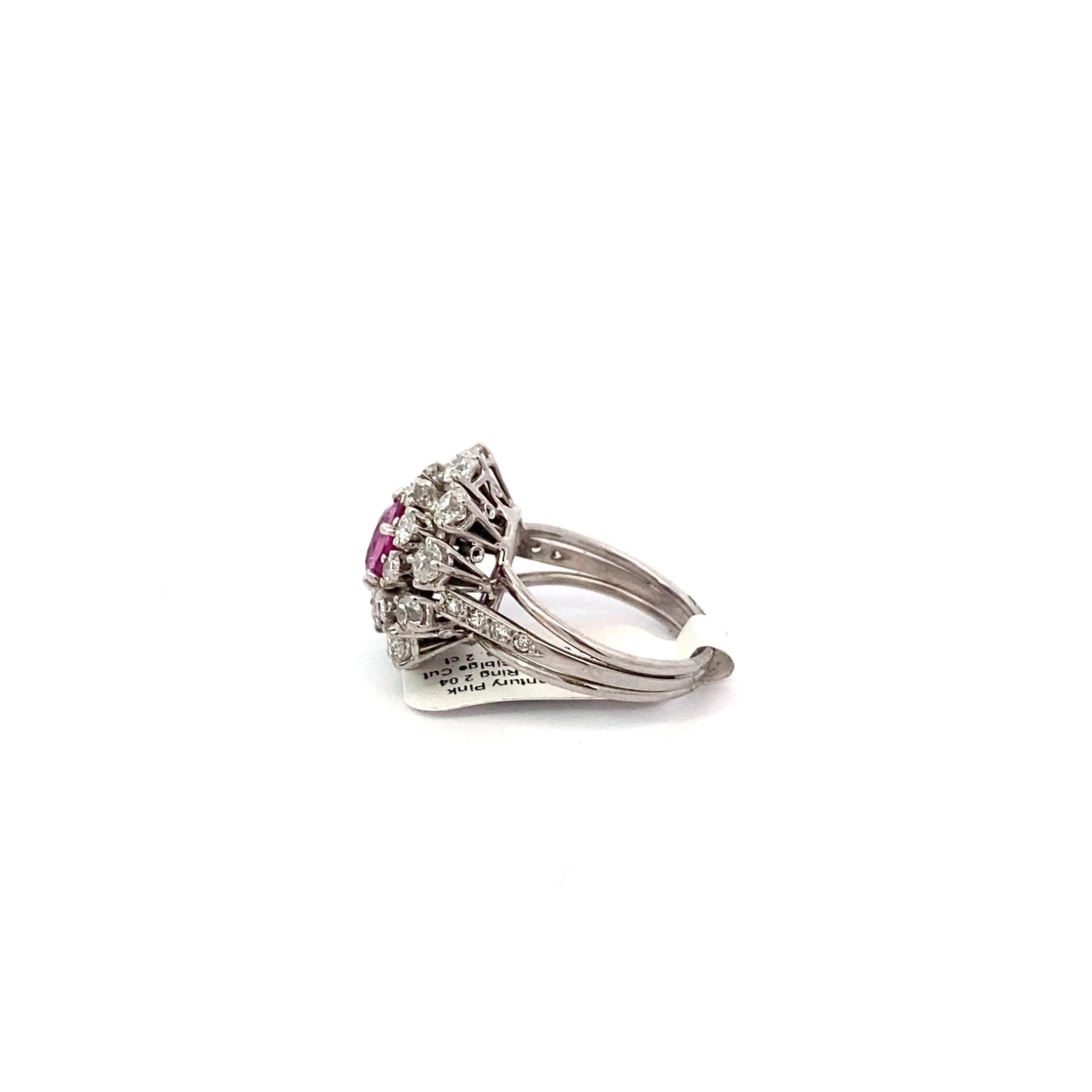Modern 2.04ct Pink Sapphire Mid Century Ring with Old European Cut Diamond Halo For Sale