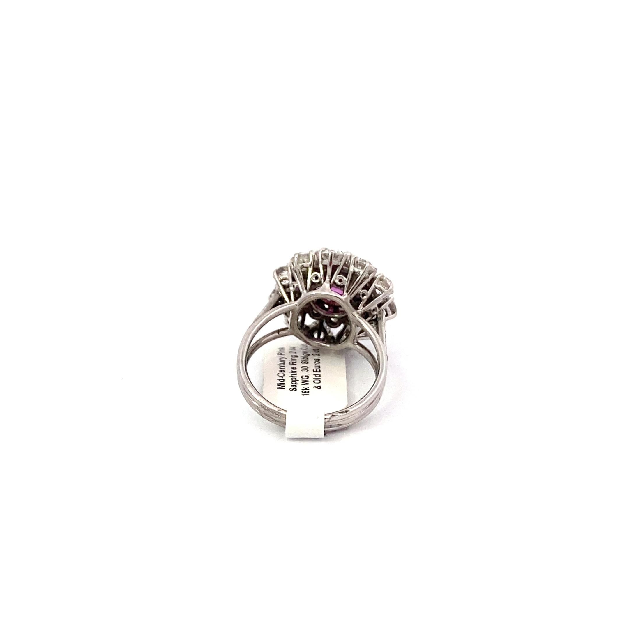 2,04ct Pink Sapphire Mid Century Ring mit Old European Cut Diamant Halo (Alteuropäischer Schliff) im Angebot