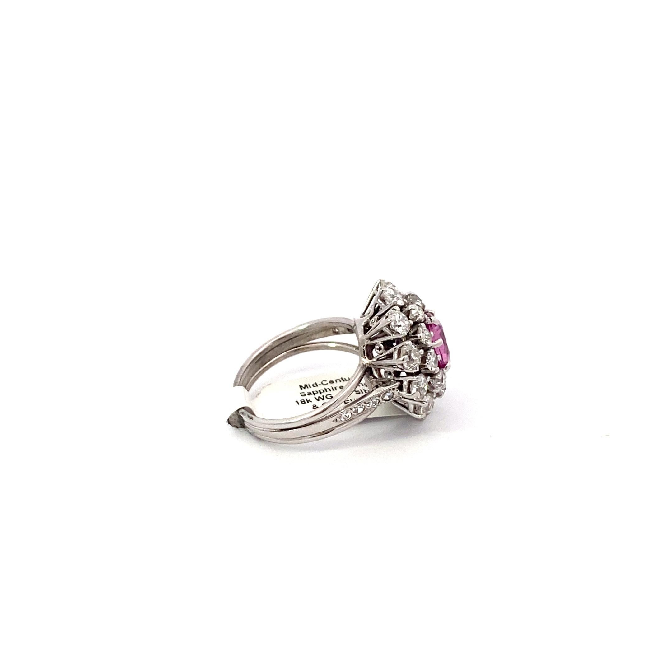 Women's or Men's 2.04ct Pink Sapphire Mid Century Ring with Old European Cut Diamond Halo For Sale