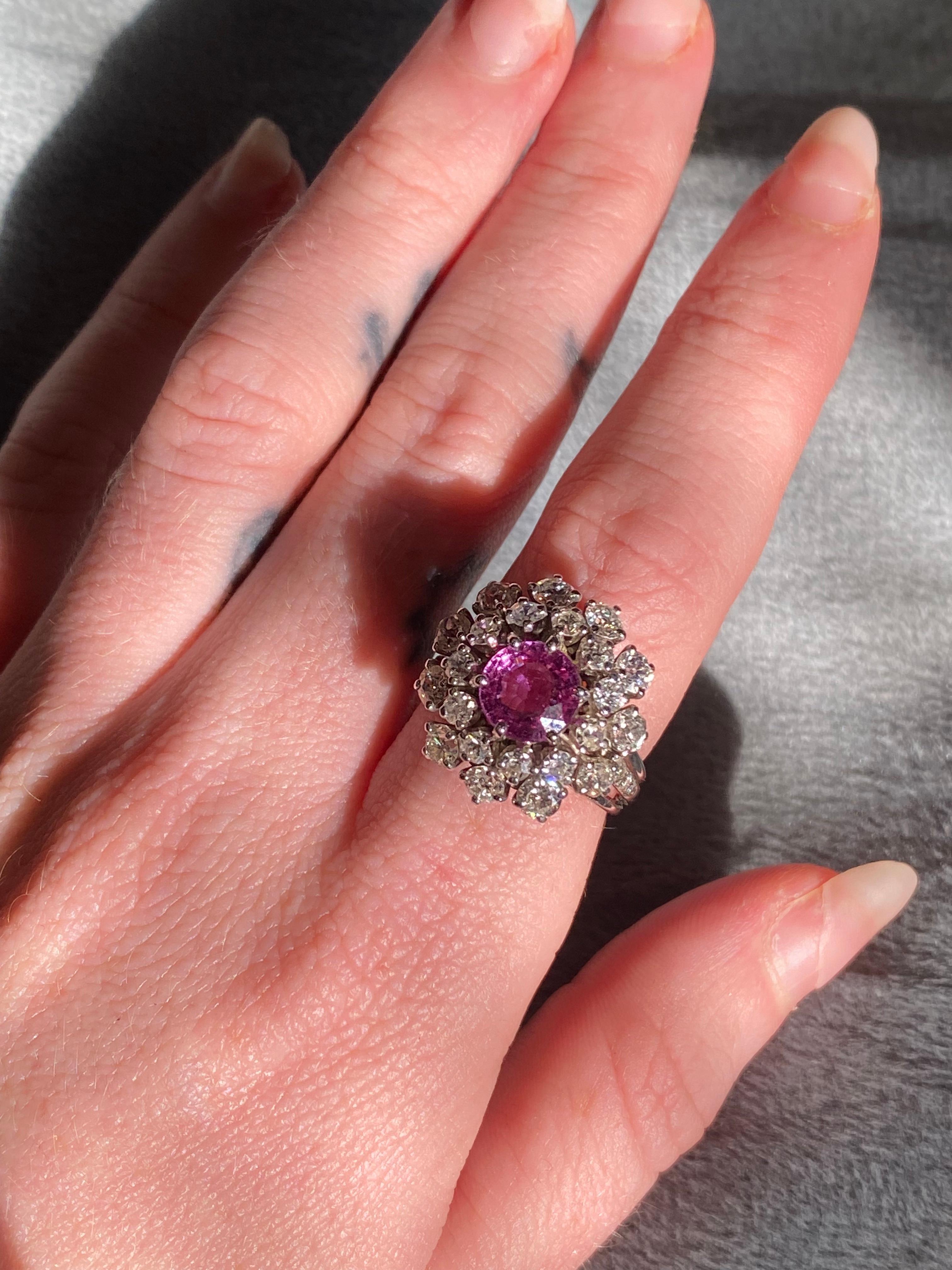 2.04ct Pink Sapphire Mid Century Ring with Old European Cut Diamond Halo For Sale 1