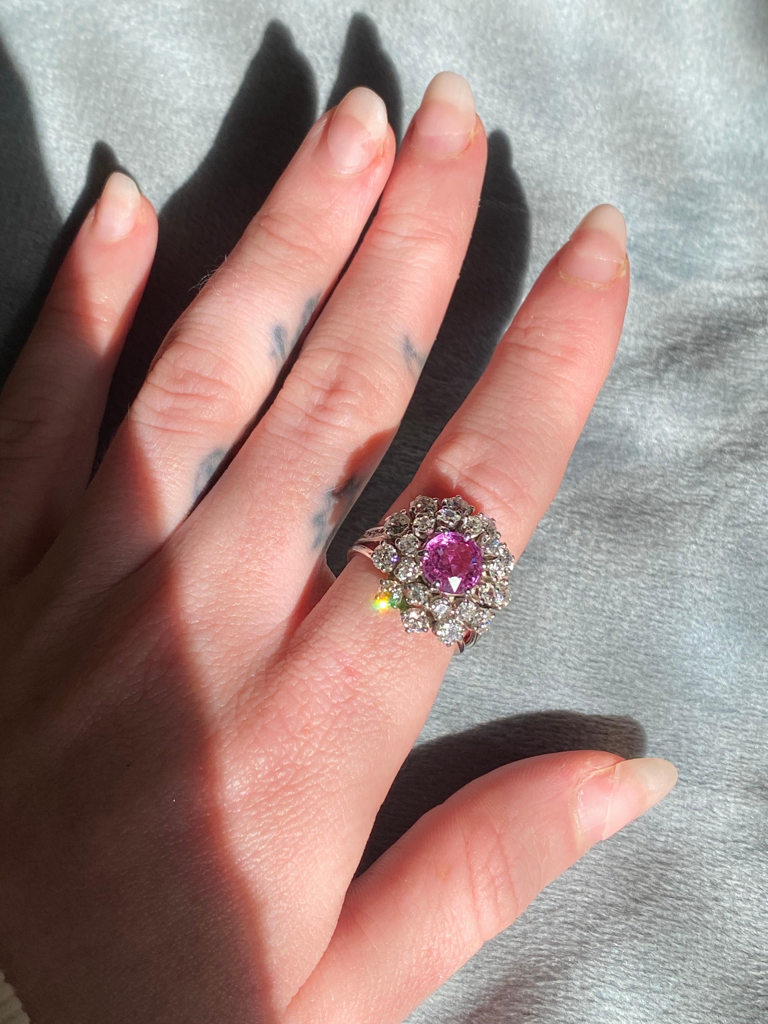 2.04ct Pink Sapphire Mid Century Ring with Old European Cut Diamond Halo For Sale 2