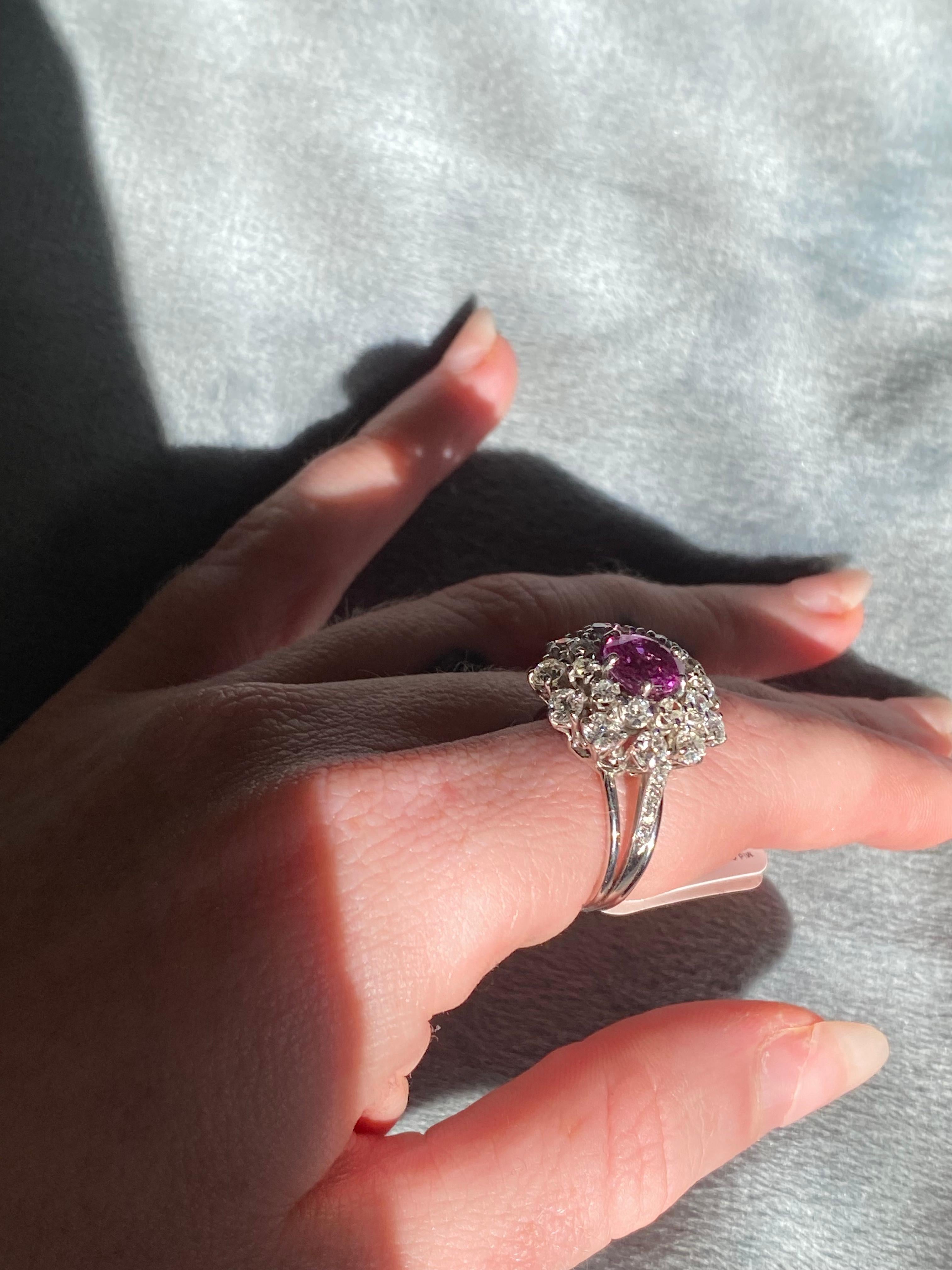 2.04ct Pink Sapphire Mid Century Ring with Old European Cut Diamond Halo For Sale 3