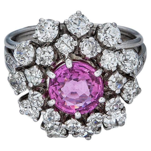 2.04ct Pink Sapphire Mid Century Ring with Old European Cut Diamond Halo For Sale