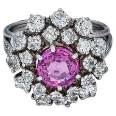 Vintage 2.04ct Pink Sapphire Mid Century Ring with Old European Cut Diamond Halo