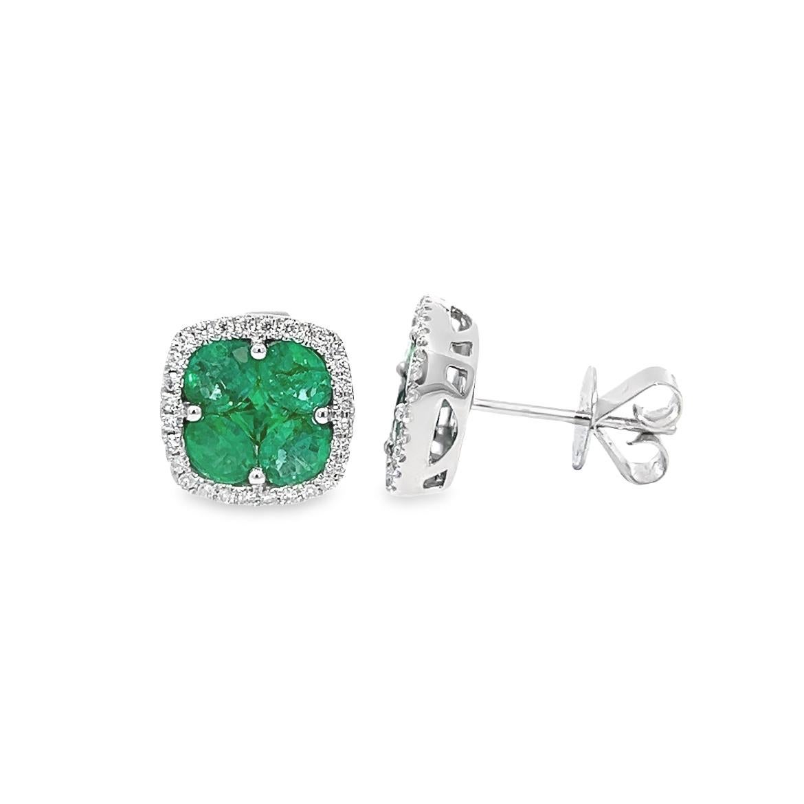 Oval Cut 2.04CT Total Weight Emeralds & Diamonds Flower Shape Earrings in 18K White Gold For Sale