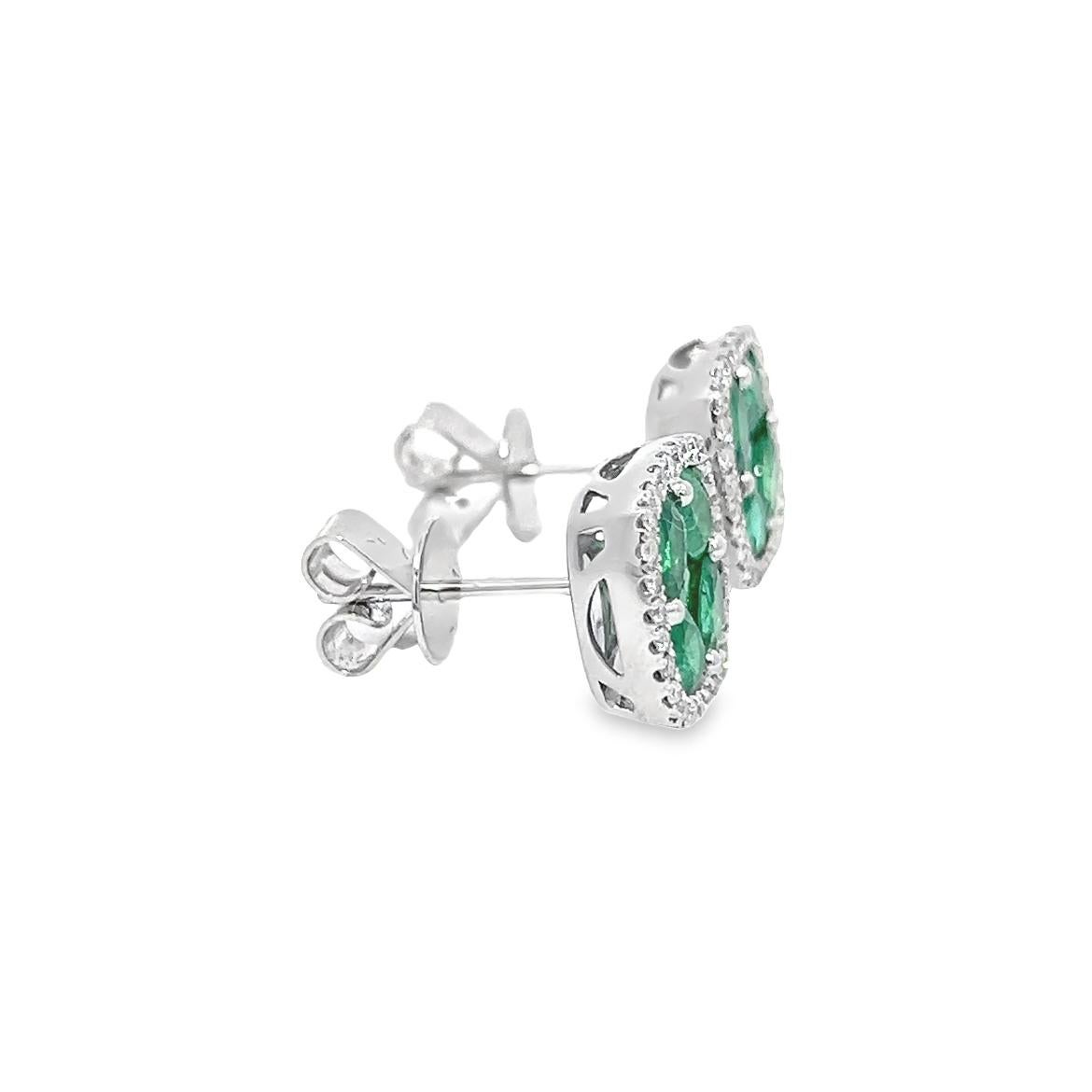 2.04CT Total Weight Emeralds & Diamonds Flower Shape Earrings in 18K White Gold In New Condition For Sale In New York, NY