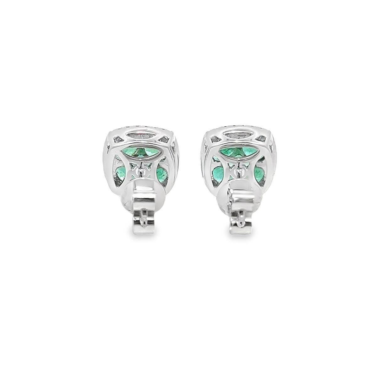 Women's or Men's 2.04CT Total Weight Emeralds & Diamonds Flower Shape Earrings in 18K White Gold For Sale