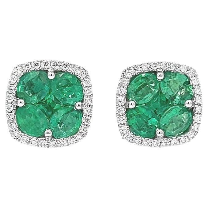 2.04CT Total Weight Emeralds & Diamonds Flower Shape Earrings in 18K White Gold For Sale