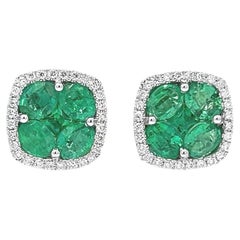 2.04CT Total Weight Emeralds & Diamonds Flower Shape Earrings in 18K White Gold