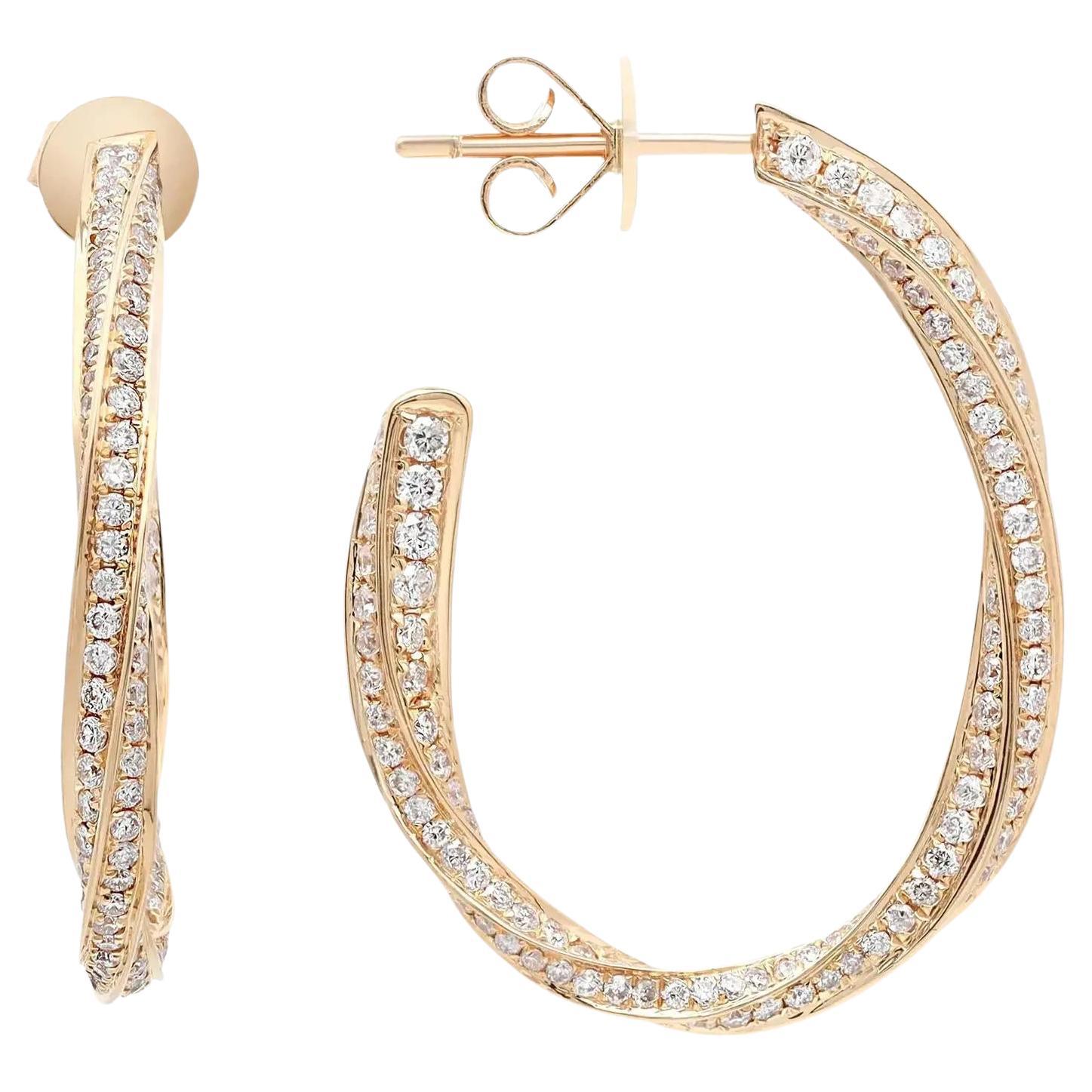 2.04Cttw Pave Set Round Cut Diamond Hoop Earrings 18K Yellow Gold For Sale