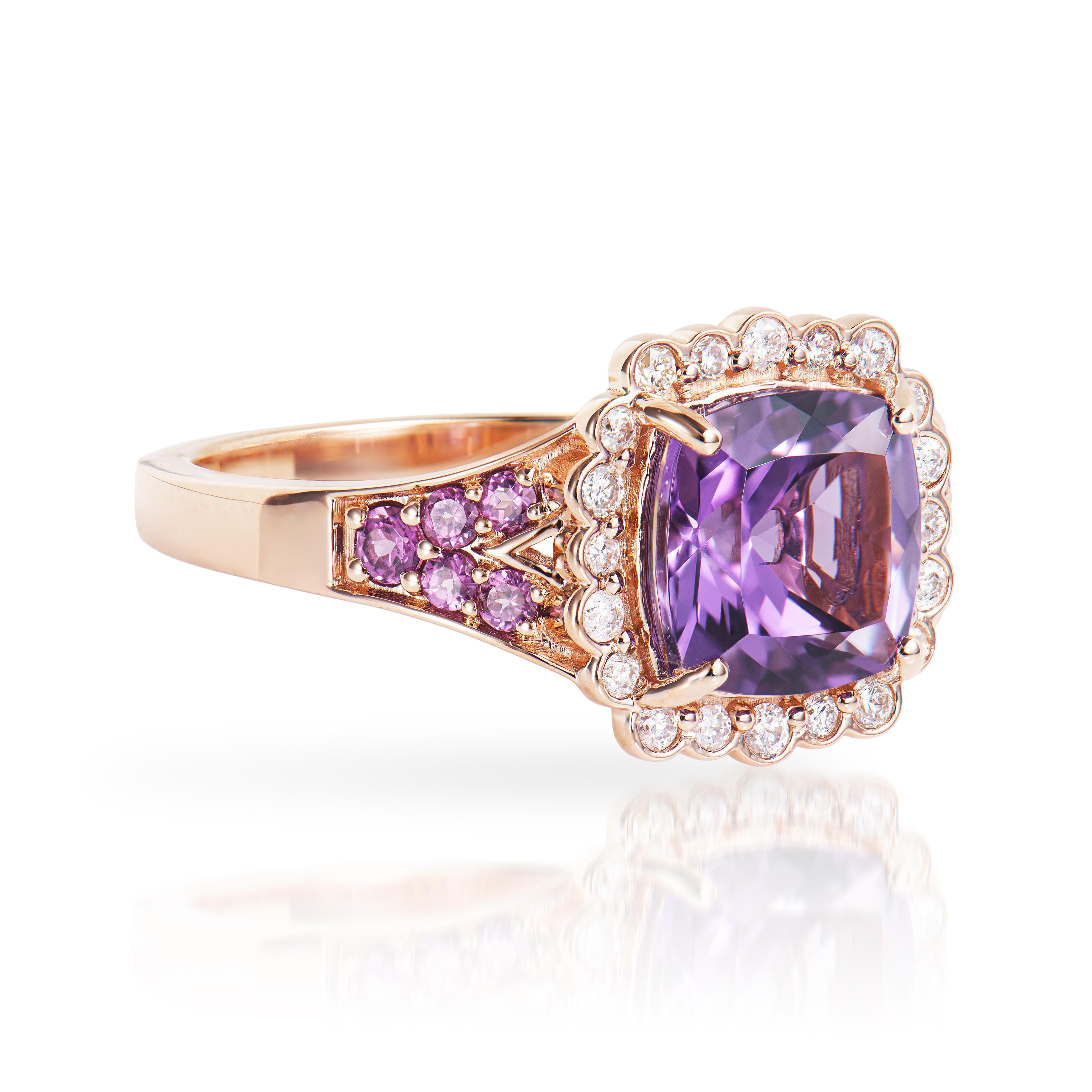 Presented A stunning variety of amethyst gemstones for those who respect quality and wish to wear them on any occasion or everyday basis. The rose gold amethyst fancy ring, embellished with rhodolite and diamonds, has a timeless and exquisite