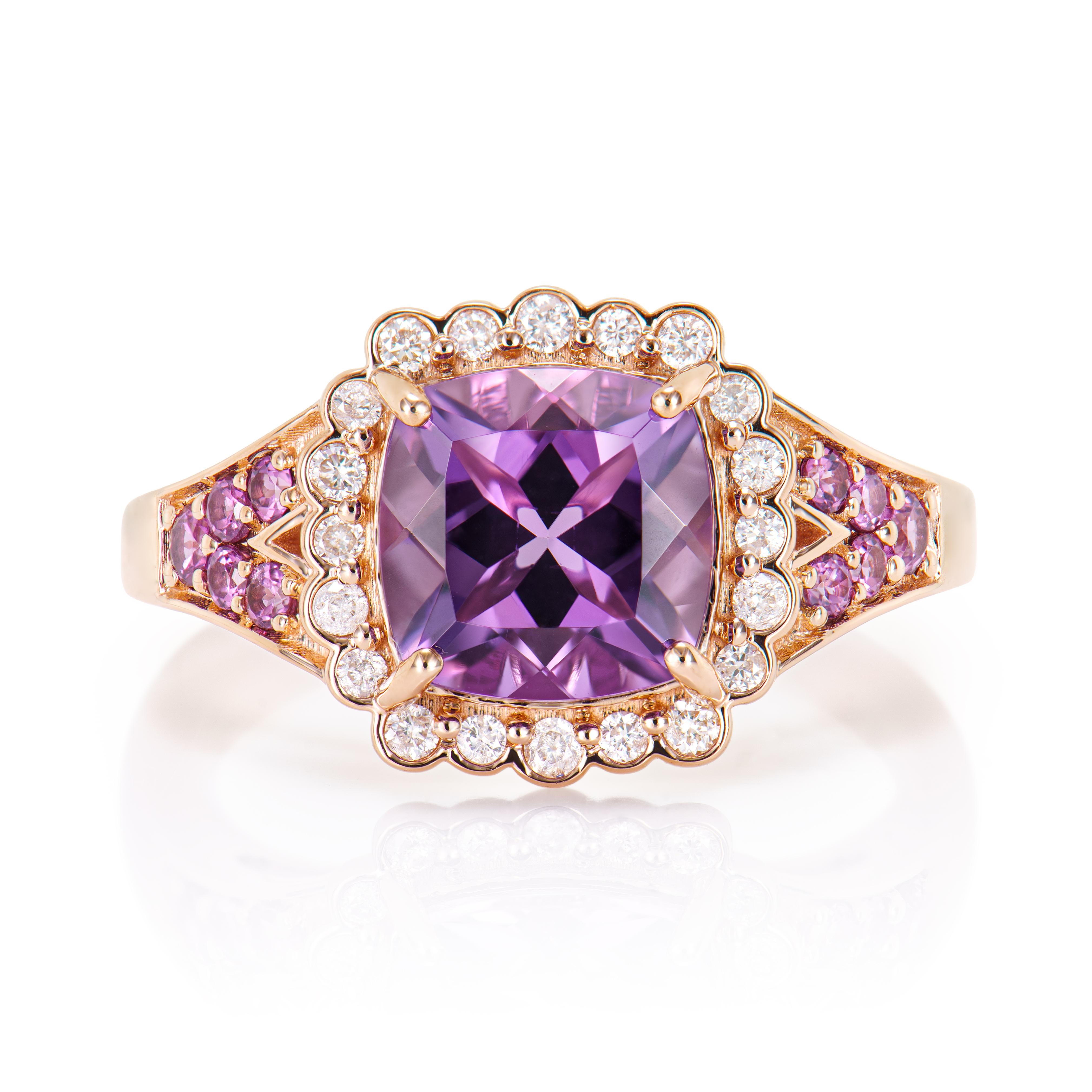 Contemporary 2.05 Carat Amethyst Fancy Ring in 14KRG with Rhodolite and White Diamond.   For Sale