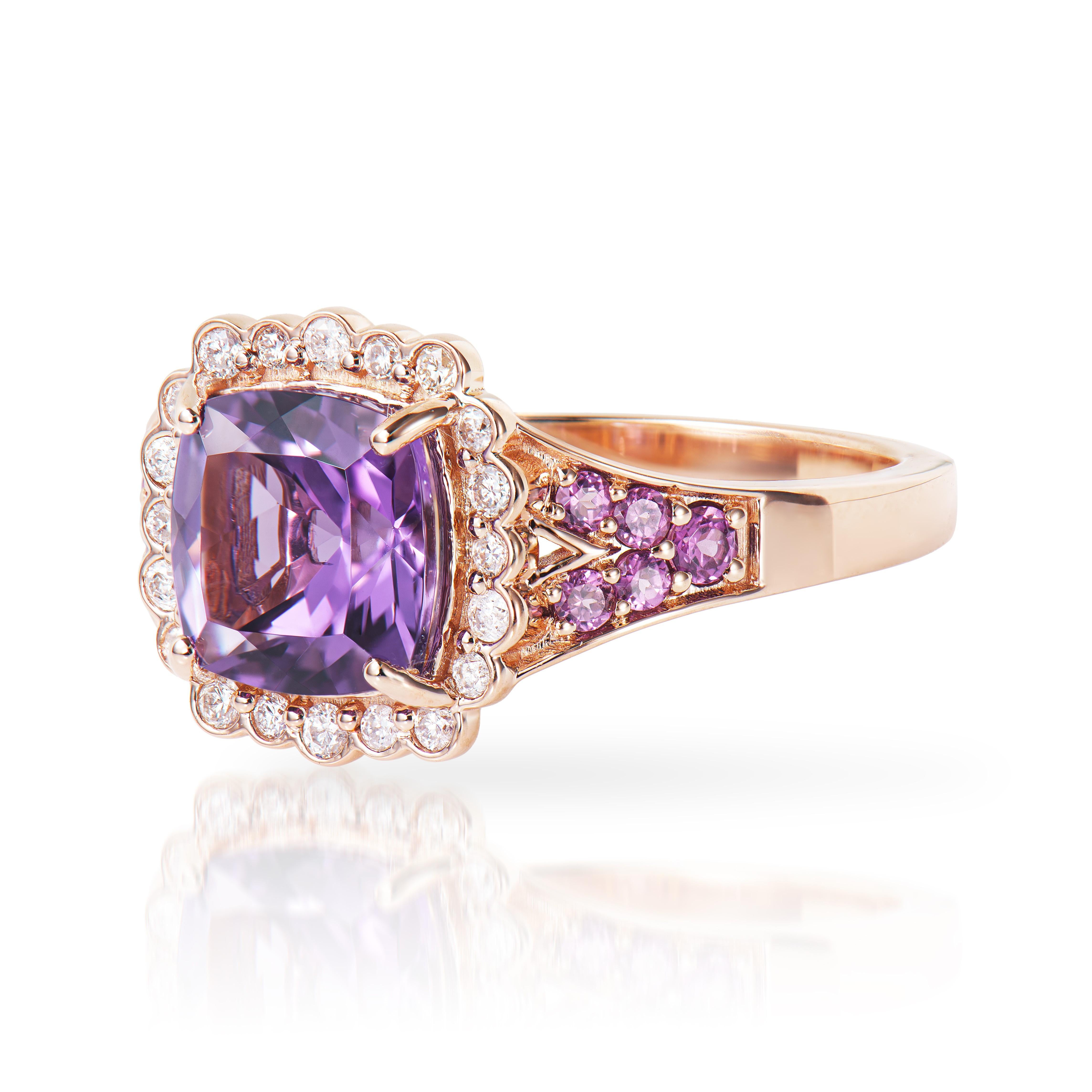Cushion Cut 2.05 Carat Amethyst Fancy Ring in 14KRG with Rhodolite and White Diamond.   For Sale