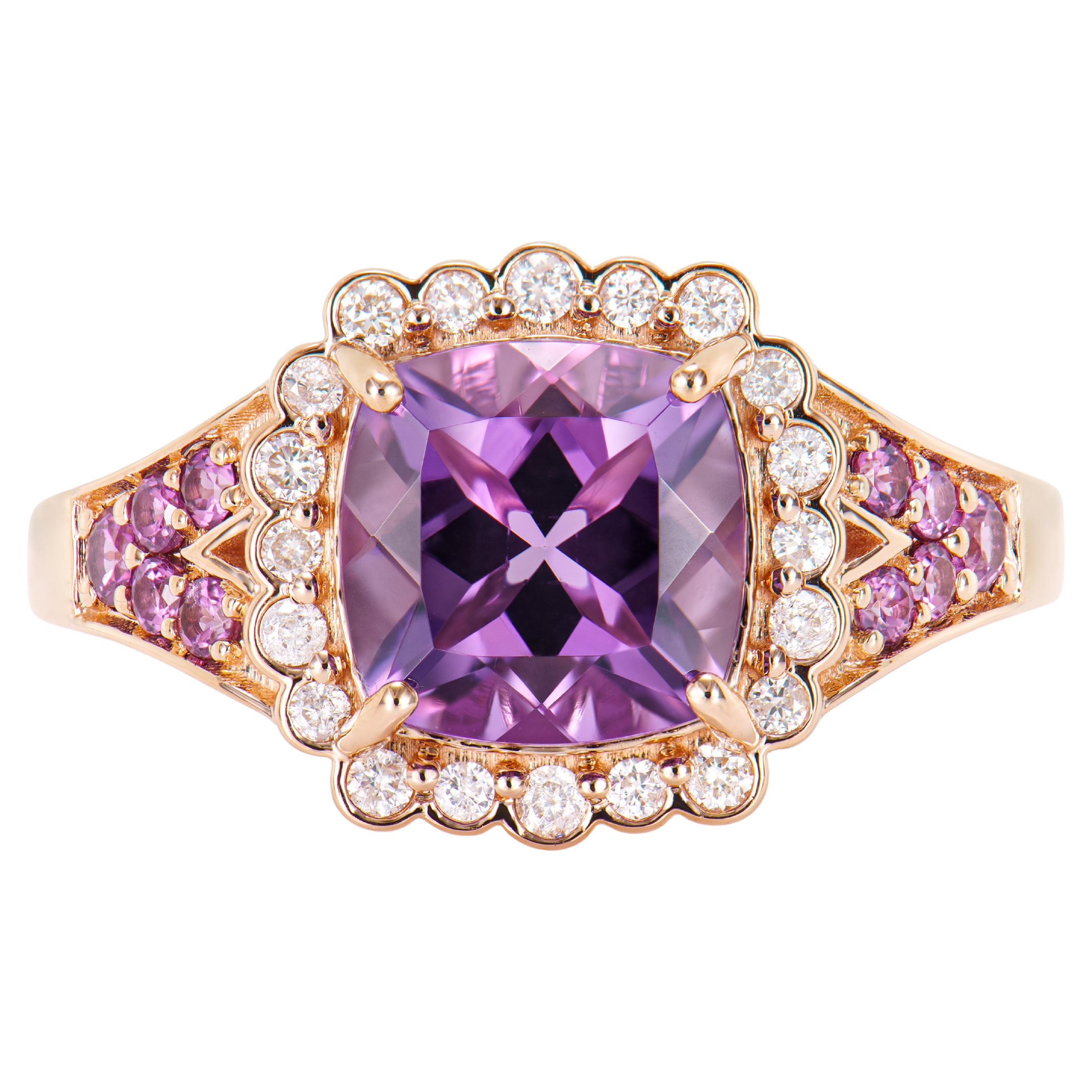 2.05 Carat Amethyst Fancy Ring in 14KRG with Rhodolite and White Diamond.  