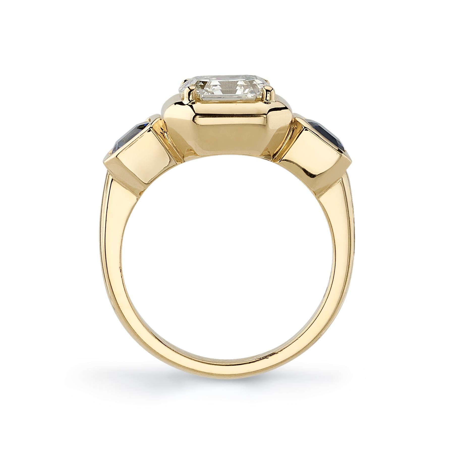 2.05 Carat Asscher Cut Diamond Set in a Handcrafted Three Stone Yellow Gold Ring In New Condition In Los Angeles, CA