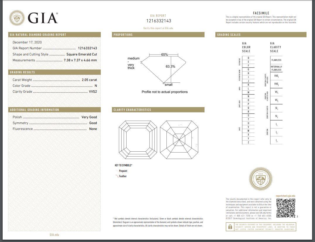 Women's 2.05 Carat Asscher Cut Diamond Set in a Handcrafted Three Stone Yellow Gold Ring