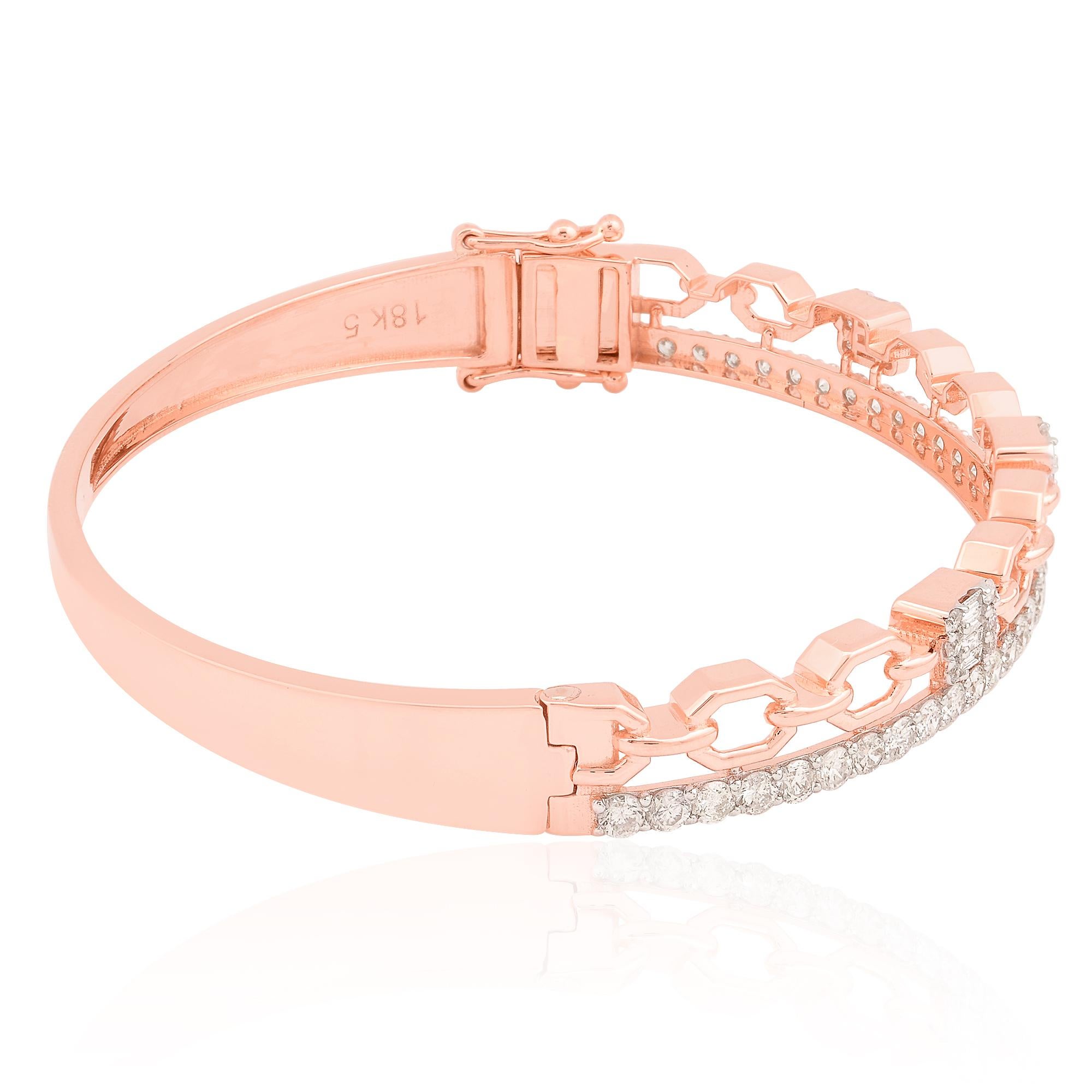 Crafted in luxurious 14 Karat Rose Gold, the bangle exudes warmth and sophistication, complementing the diamonds with its soft blush hue. The rose gold setting adds a contemporary twist to the design, infusing it with a romantic and feminine