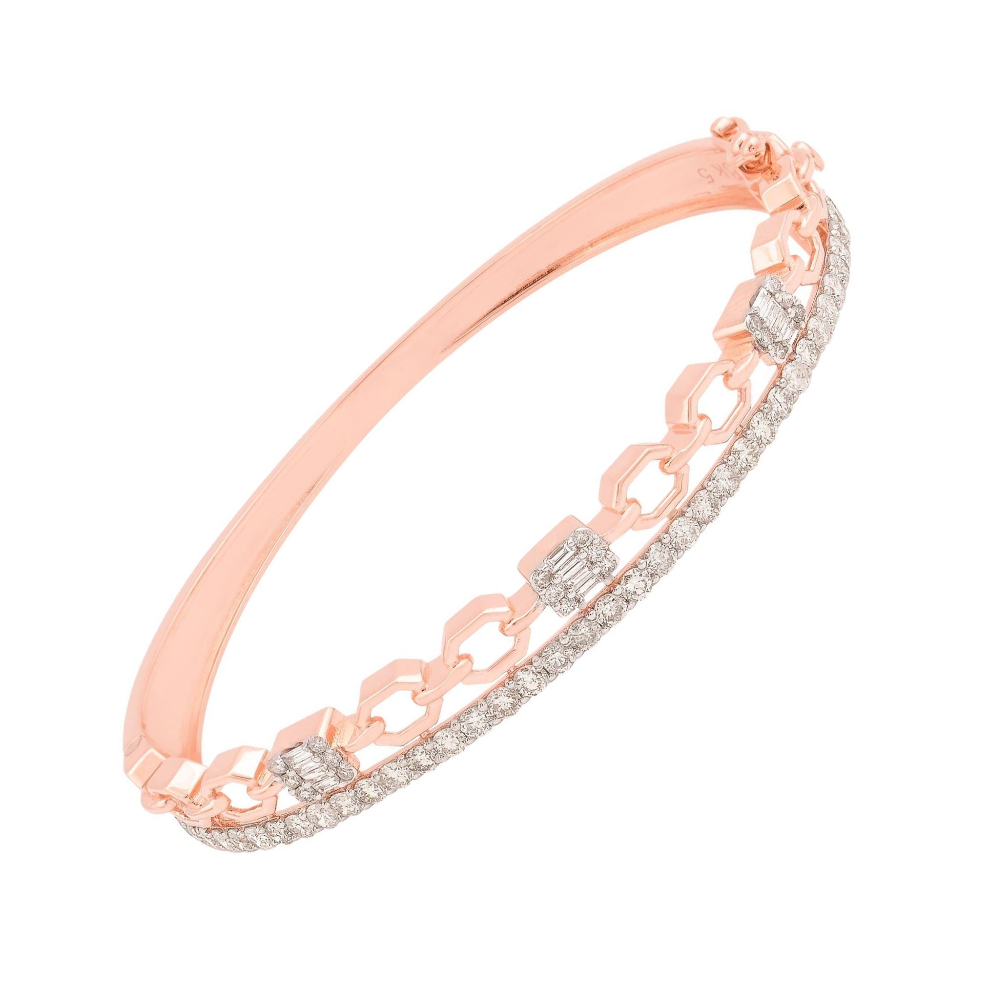 2.05 Carat Baguette & Round Diamond Bangle Bracelet 14 Karat Rose Gold Jewelry