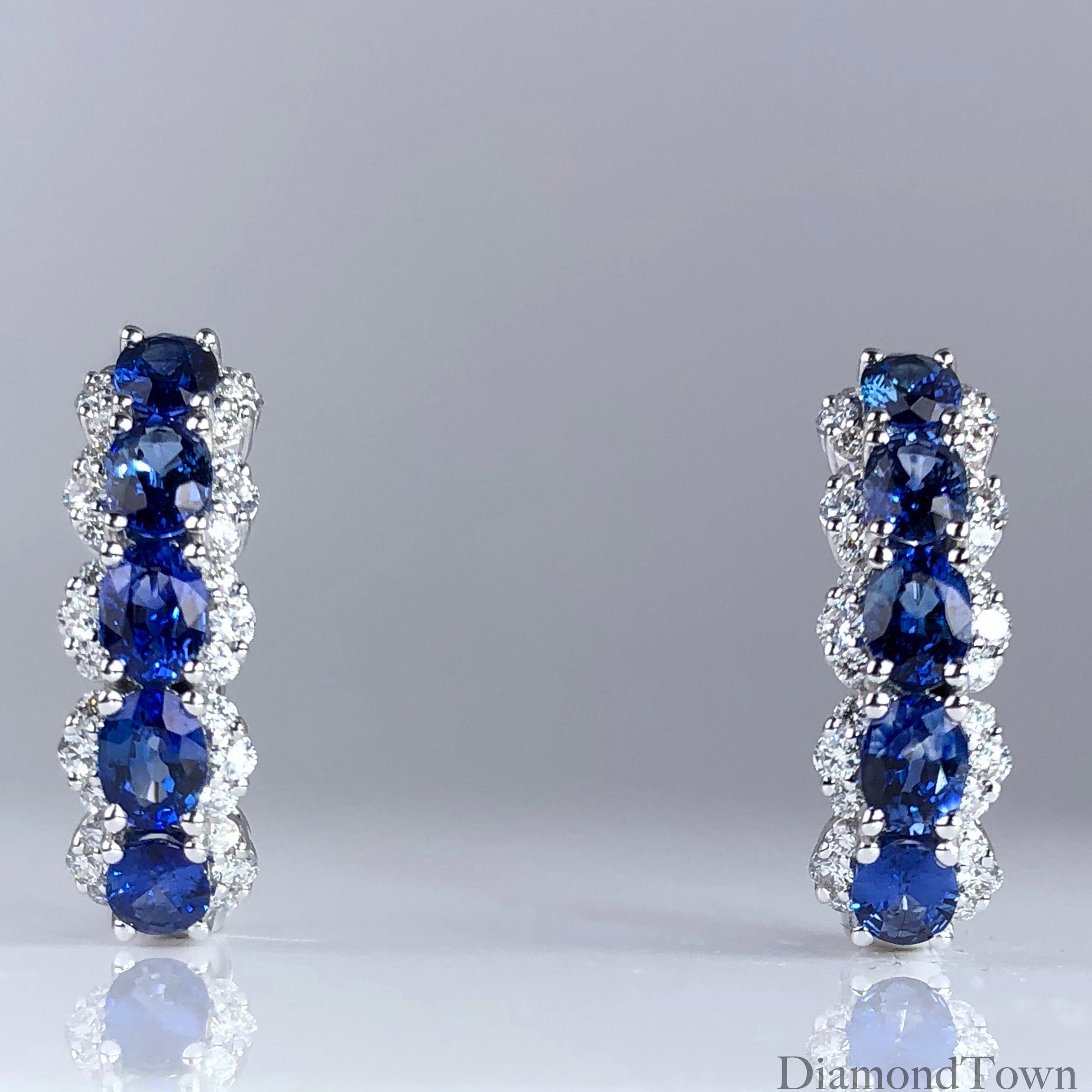 Contemporary 2.05 Carat Blue Sapphire and 0.39 Carat Diamond Hoop Earrings in 18 Karat Gold
