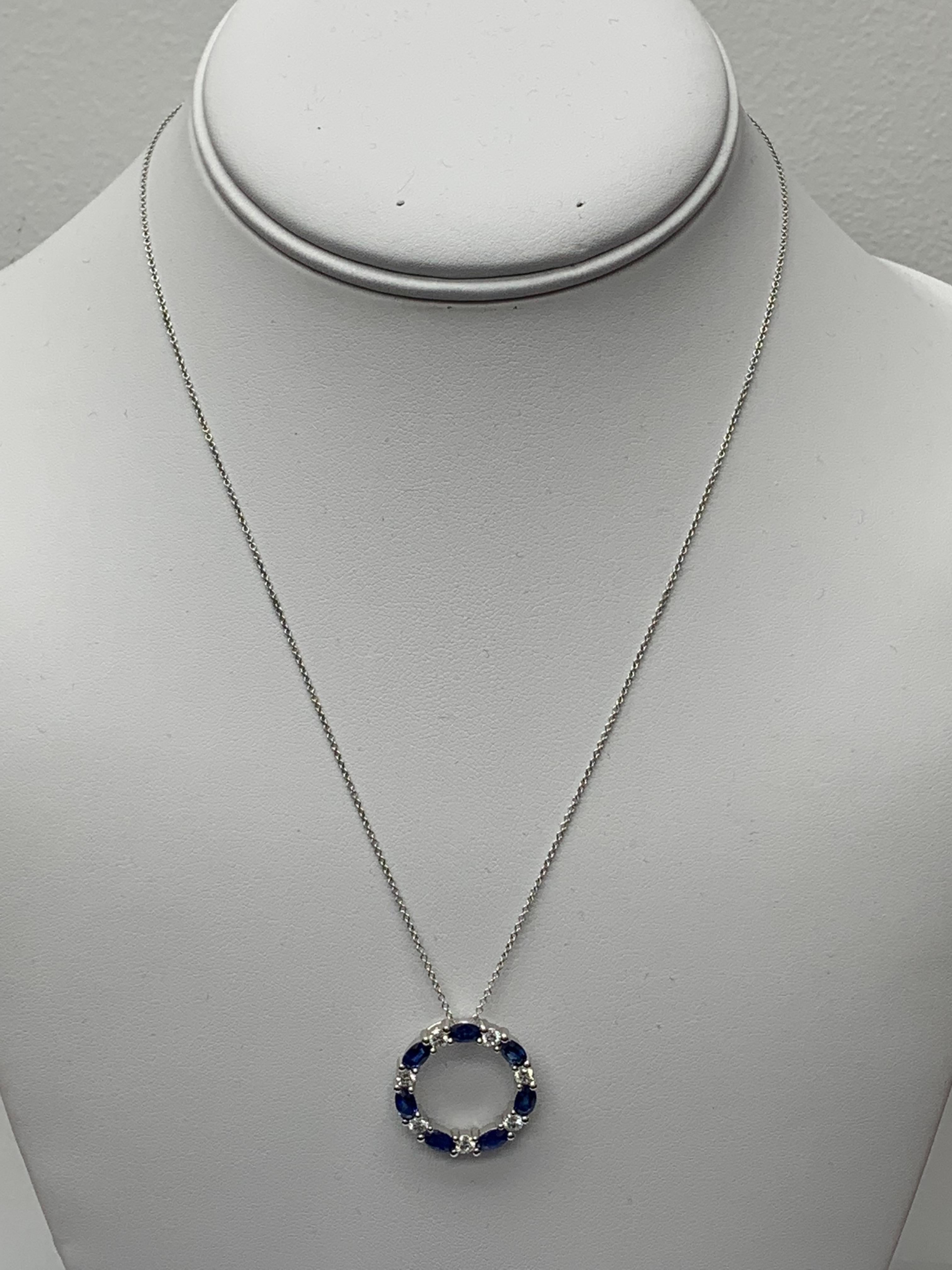 Mixed Cut 2.05 Carat Blue Sapphire and Diamond Circle Pendant Necklace in 14k White Gold For Sale