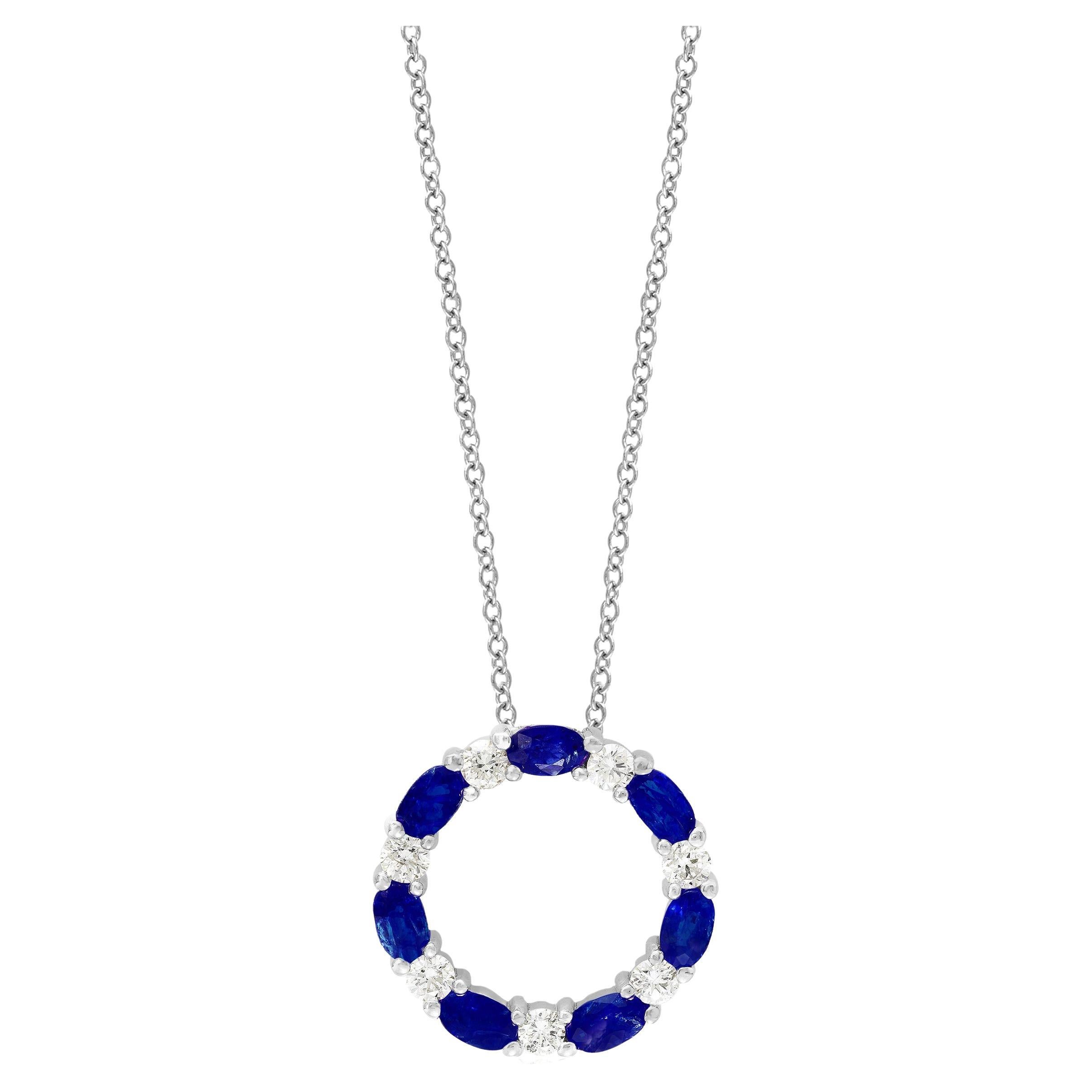 2.05 Carat Blue Sapphire and Diamond Circle Pendant Necklace in 14k White Gold