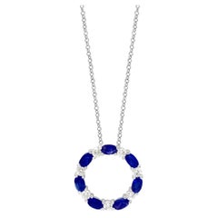 2.05 Carat Blue Sapphire and Diamond Circle Pendant Necklace in 14k White Gold