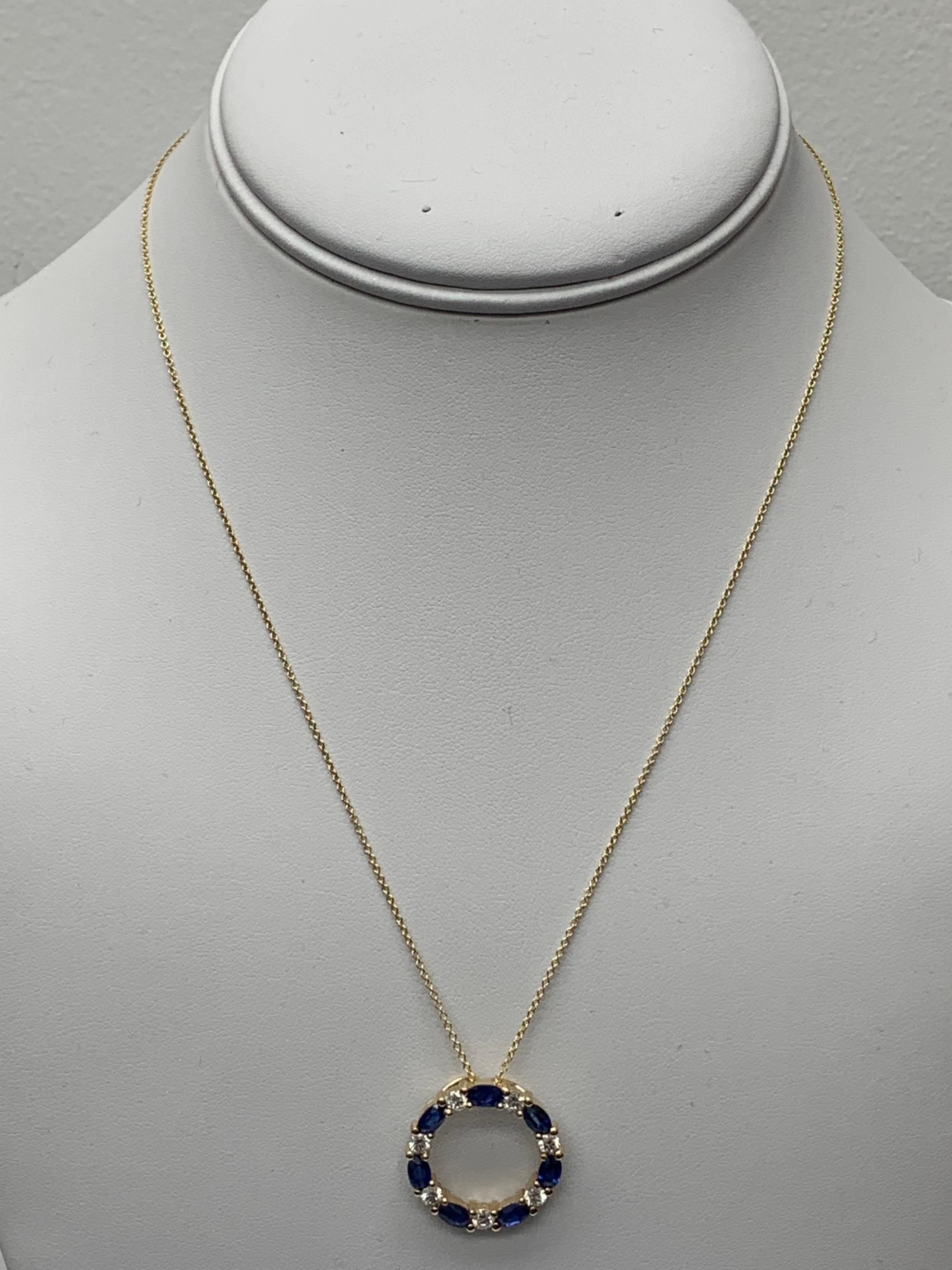 Mixed Cut 2.05 Carat Blue Sapphire and Diamond Circle Pendant Necklace in 14k Yellow Gold For Sale