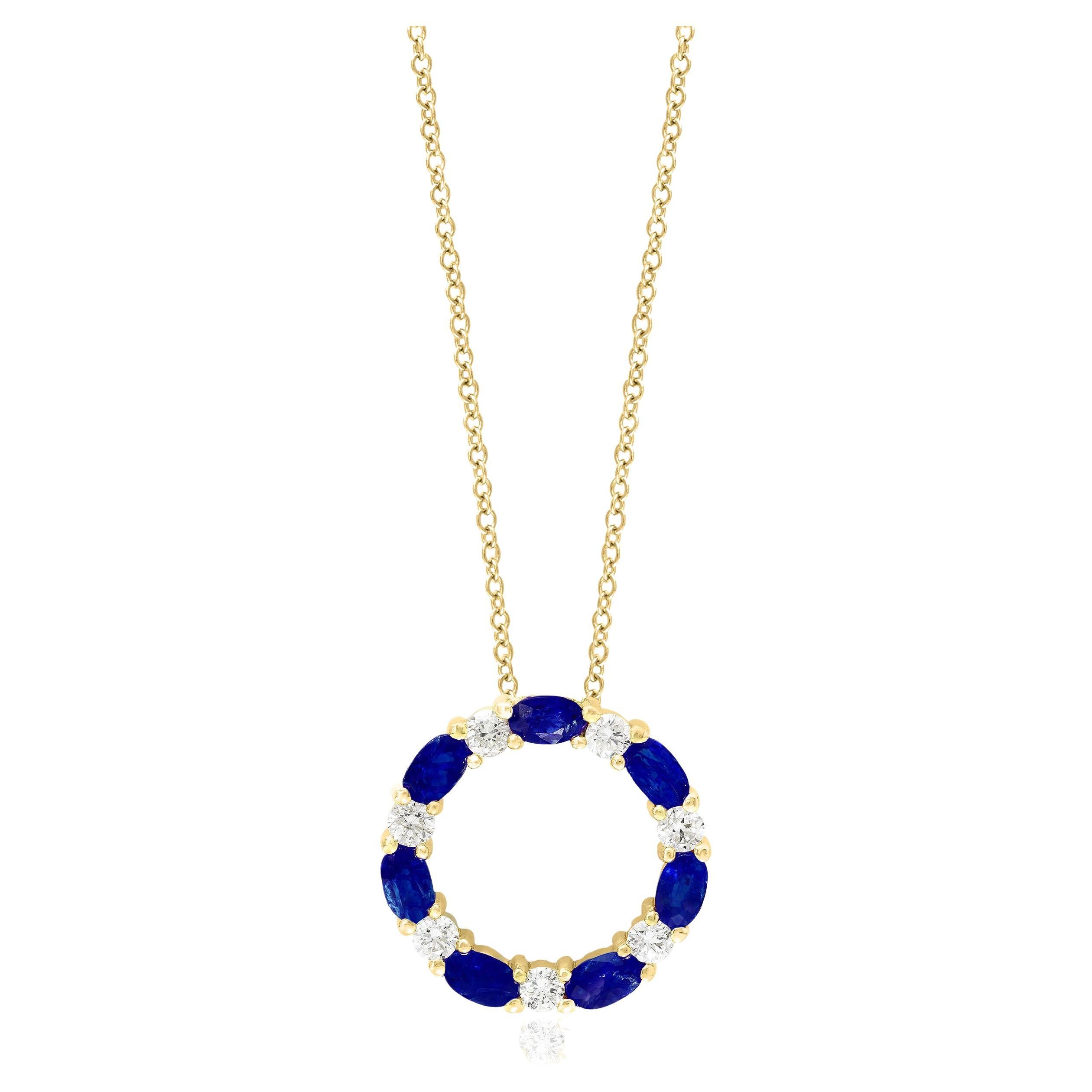 2.05 Carat Blue Sapphire and Diamond Circle Pendant Necklace in 14k Yellow Gold