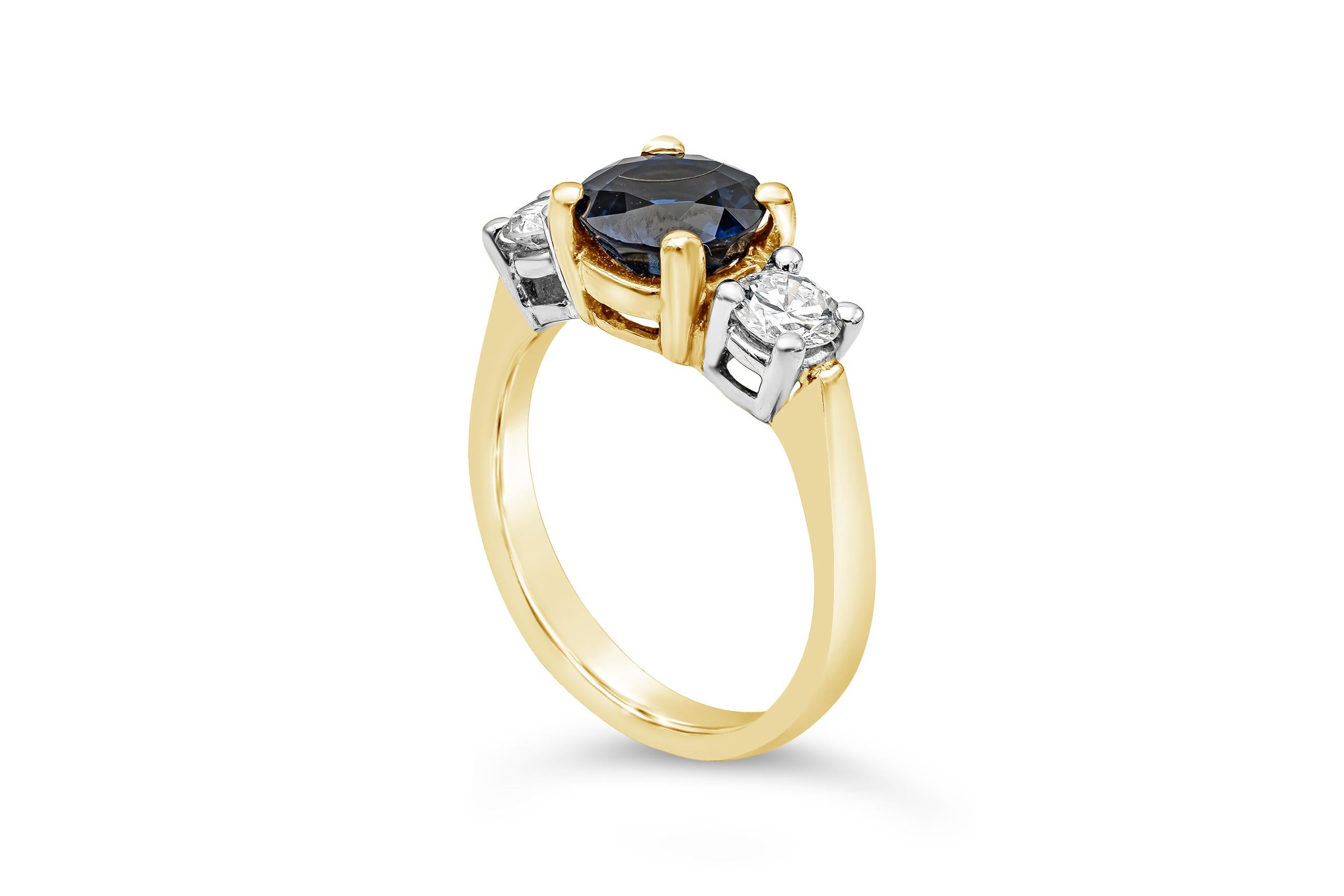 Contemporary Roman Malakov 2.05 Carat Blue Sapphire and Diamond Three-Stone Engagement Ring For Sale
