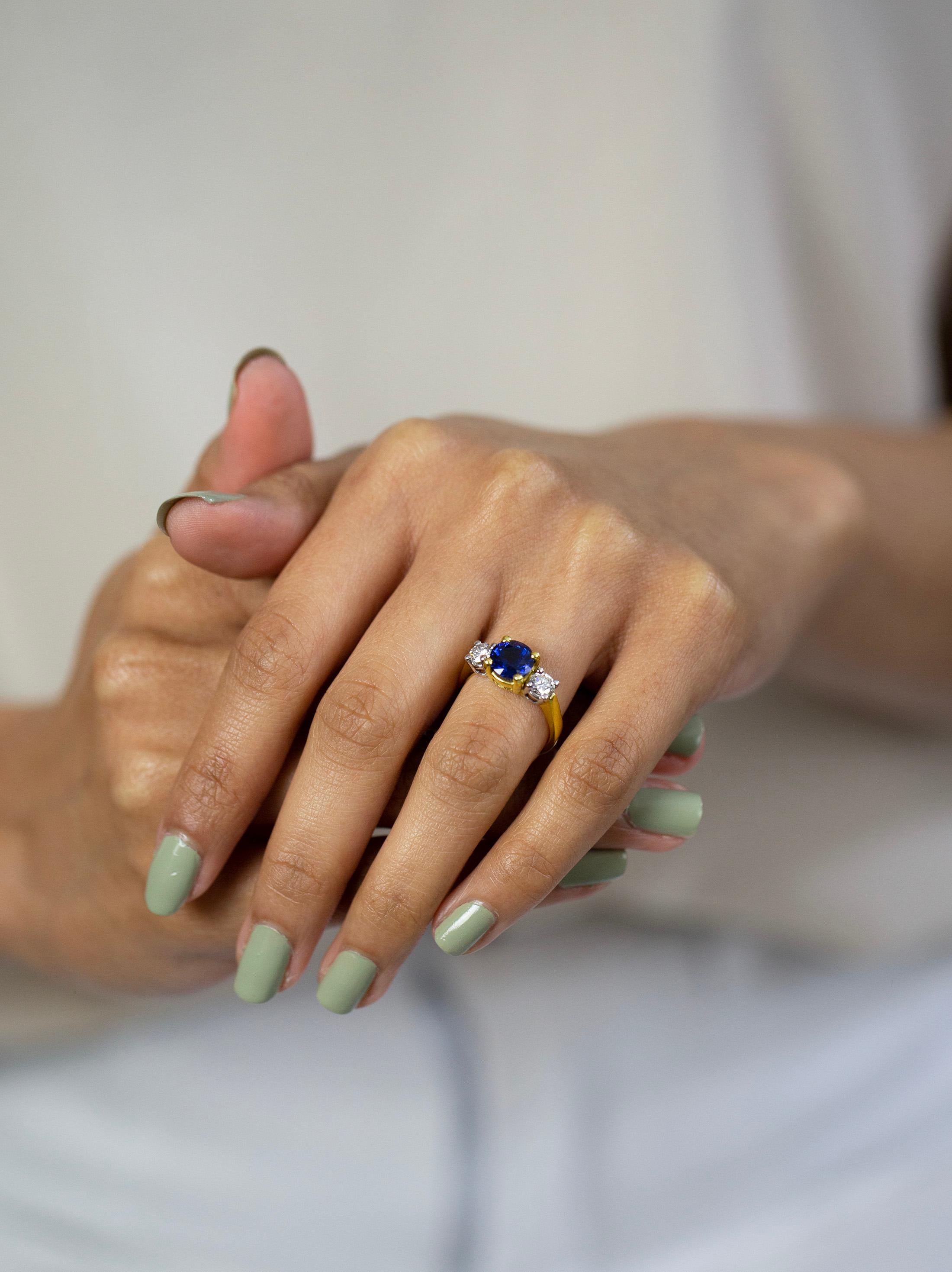 Women's Roman Malakov 2.05 Carat Blue Sapphire and Diamond Three-Stone Engagement Ring For Sale