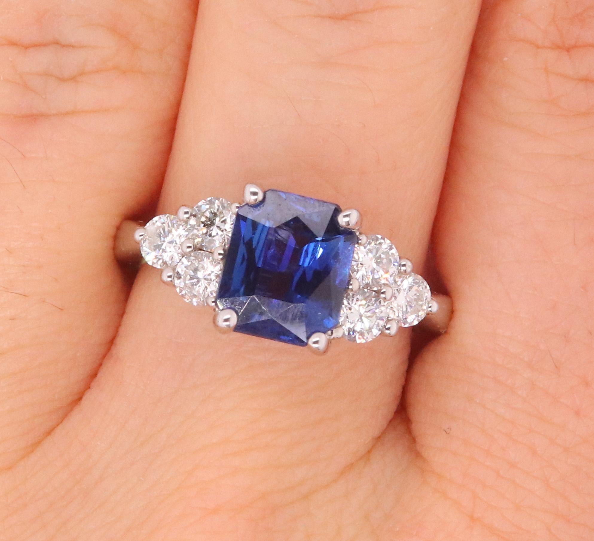Contemporary Radiant Cut Natural Blue Sapphire White Diamond Engagement Ring 18K White Gold