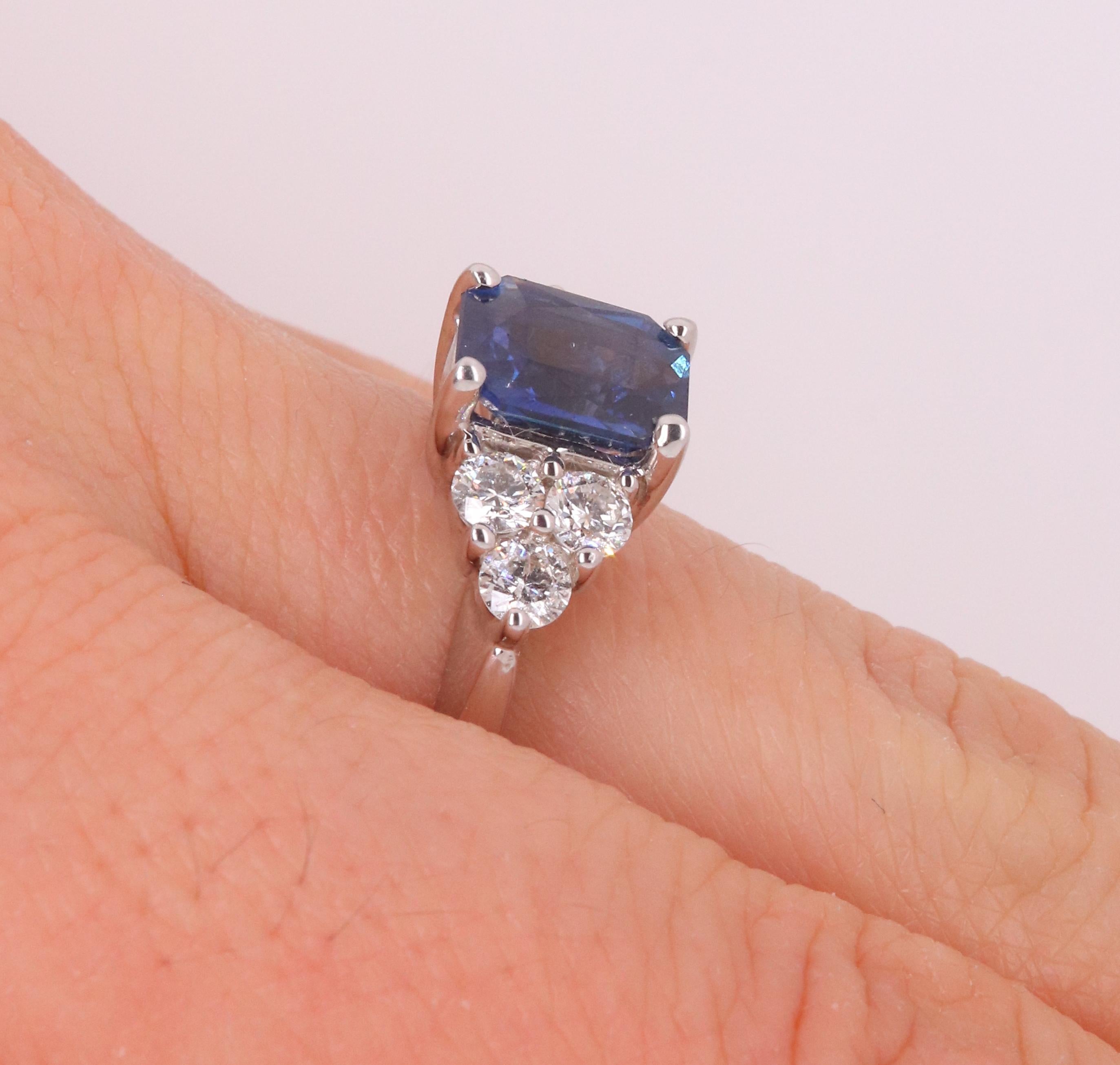 Radiant Cut Natural Blue Sapphire White Diamond Engagement Ring 18K White Gold In New Condition In GREAT NECK, NY