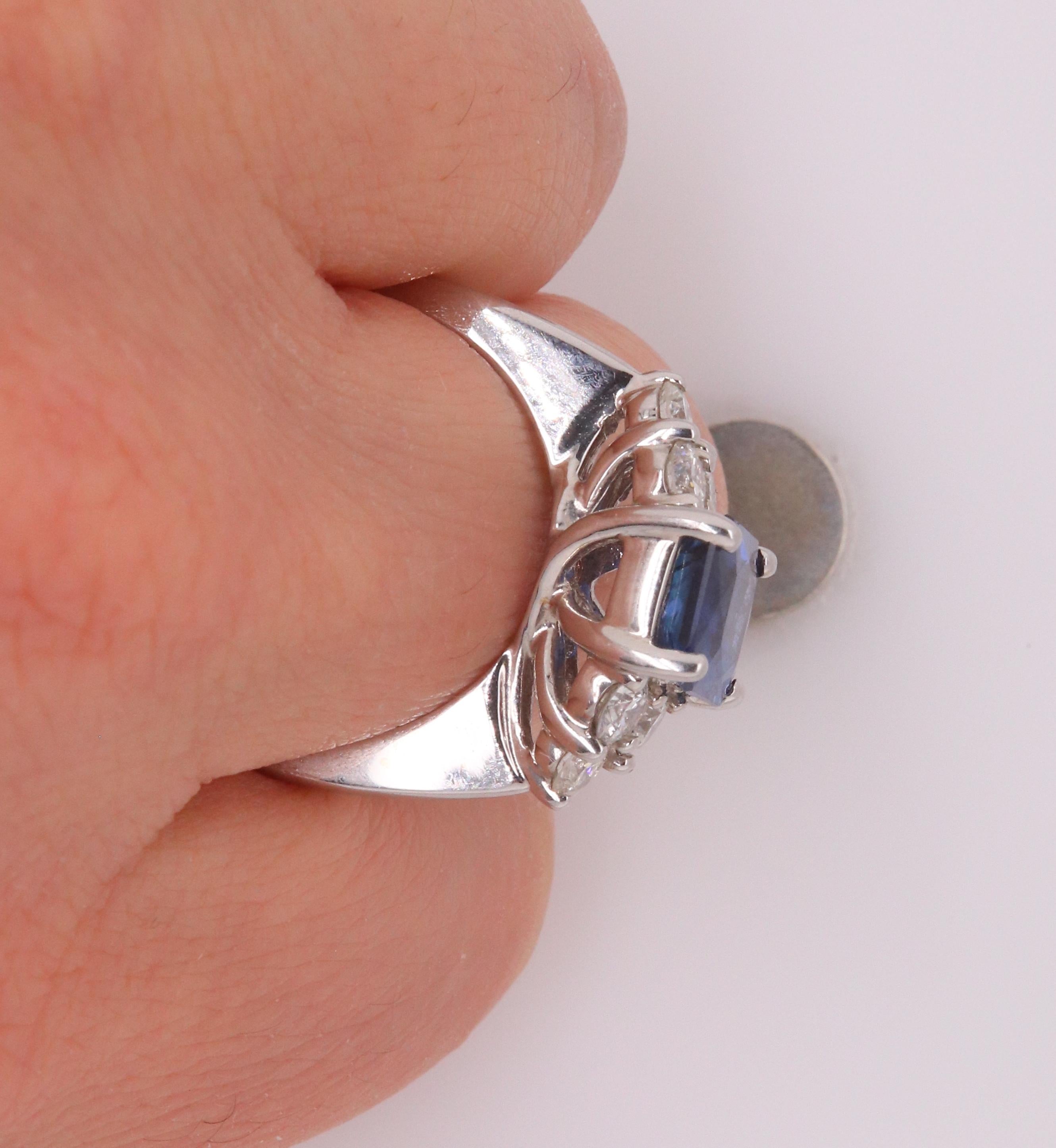 Women's Radiant Cut Natural Blue Sapphire White Diamond Engagement Ring 18K White Gold