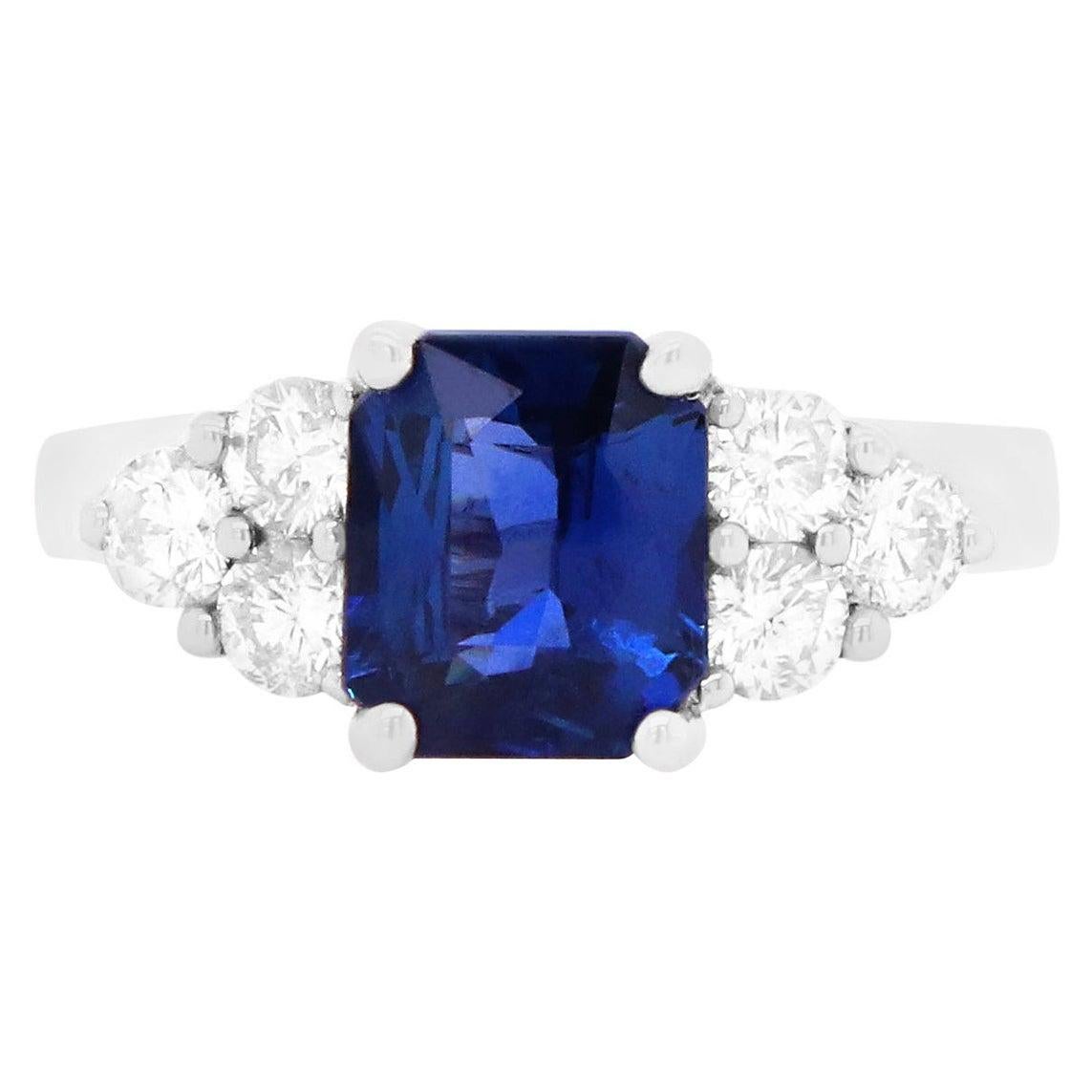 Radiant Cut Natural Blue Sapphire White Diamond Engagement Ring 18K White Gold