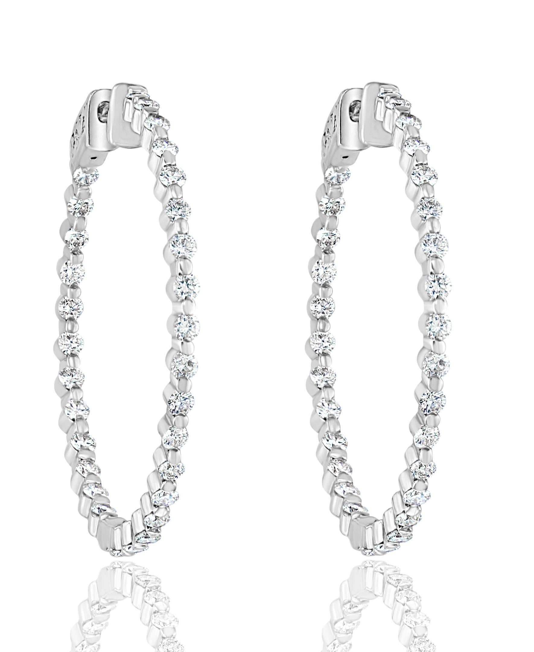 Modern 2.05 Carat Brilliant Cut Round Diamond Hoop Earrings in 14K White Gold For Sale