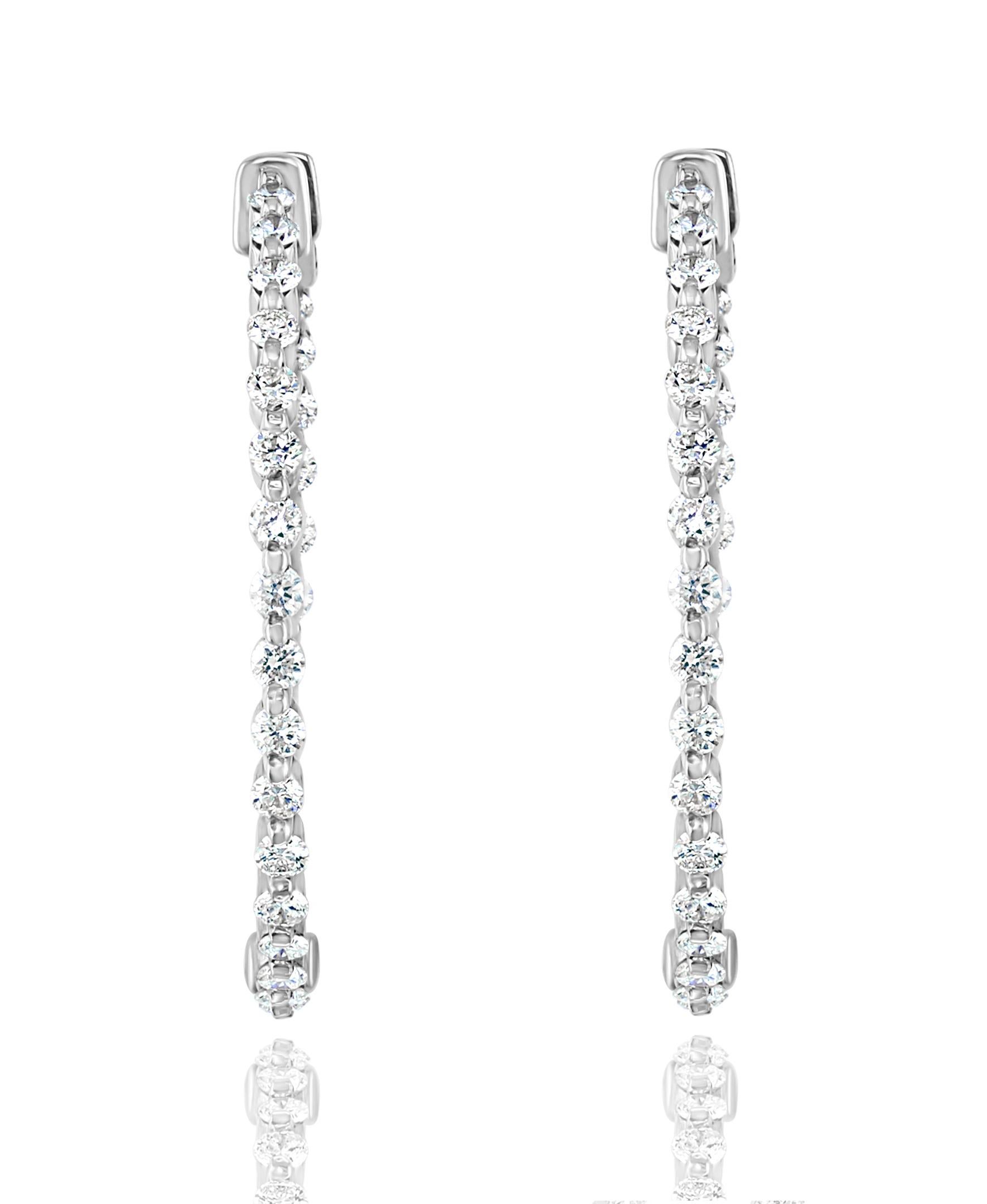 Round Cut 2.05 Carat Brilliant Cut Round Diamond Hoop Earrings in 14K White Gold For Sale