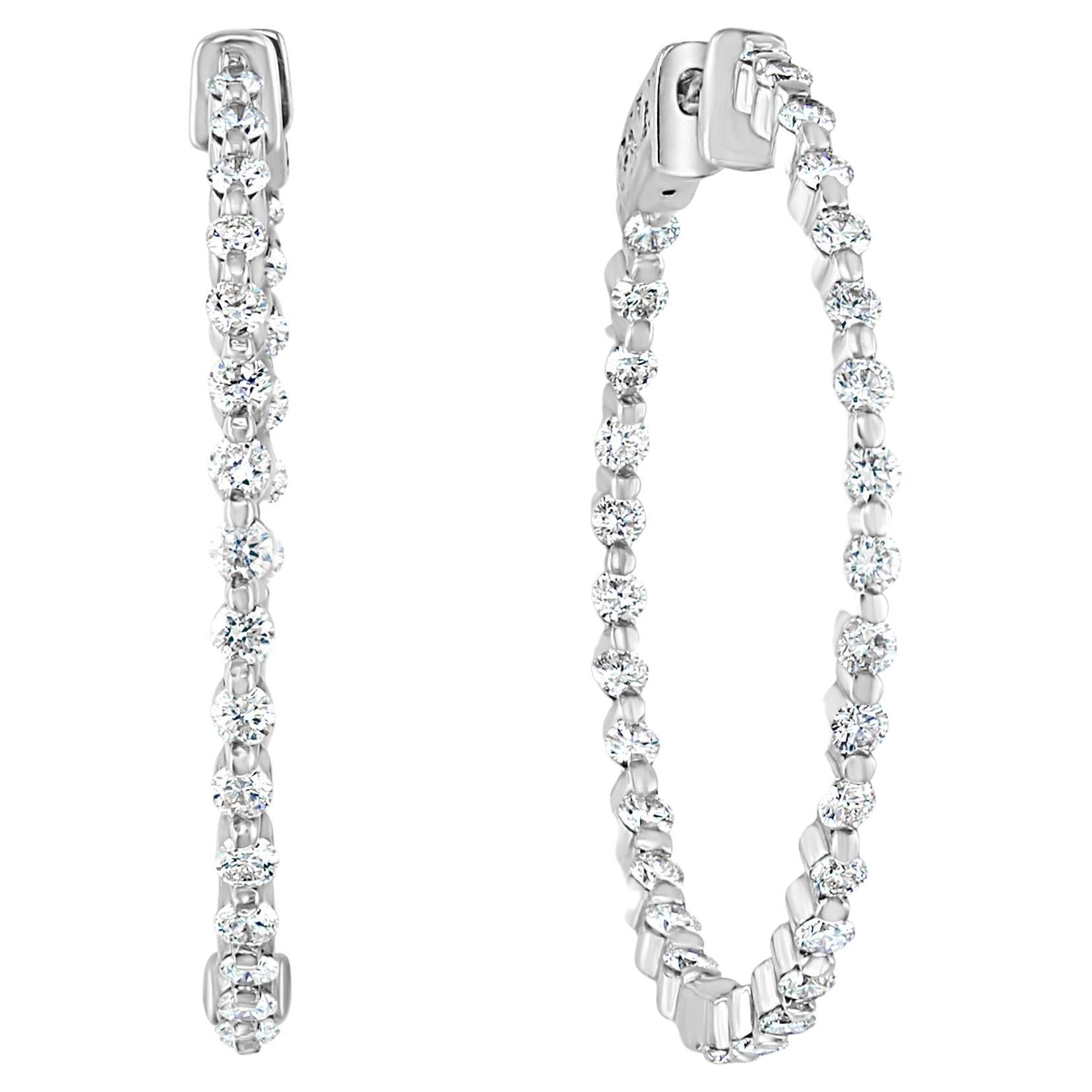 2.05 Carat Brilliant Cut Round Diamond Hoop Earrings in 14K White Gold For Sale