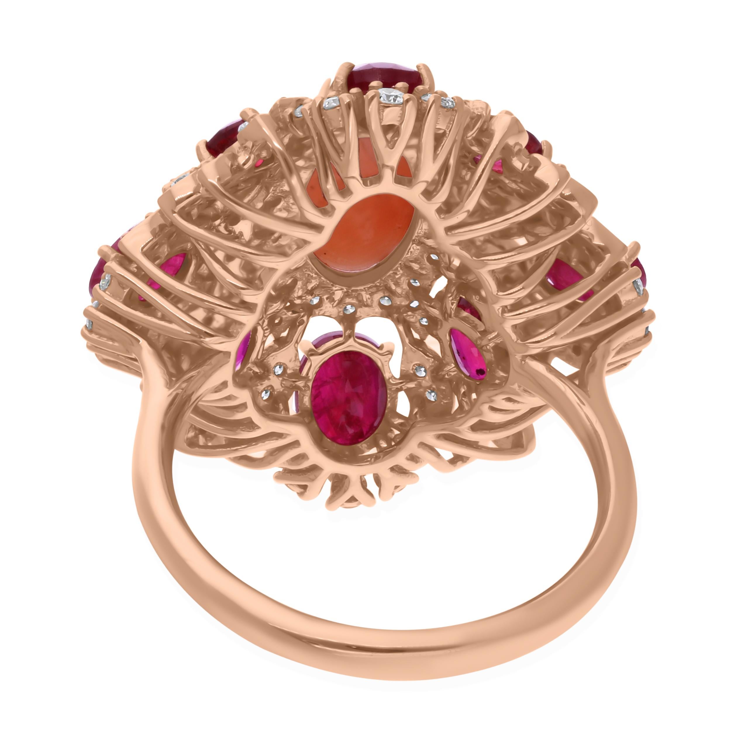 Modern 2.05 Carat Coral 2.65 Carat Ruby 0.83 Carat SI/H Diamond 18 Karat Rose Gold Ring For Sale