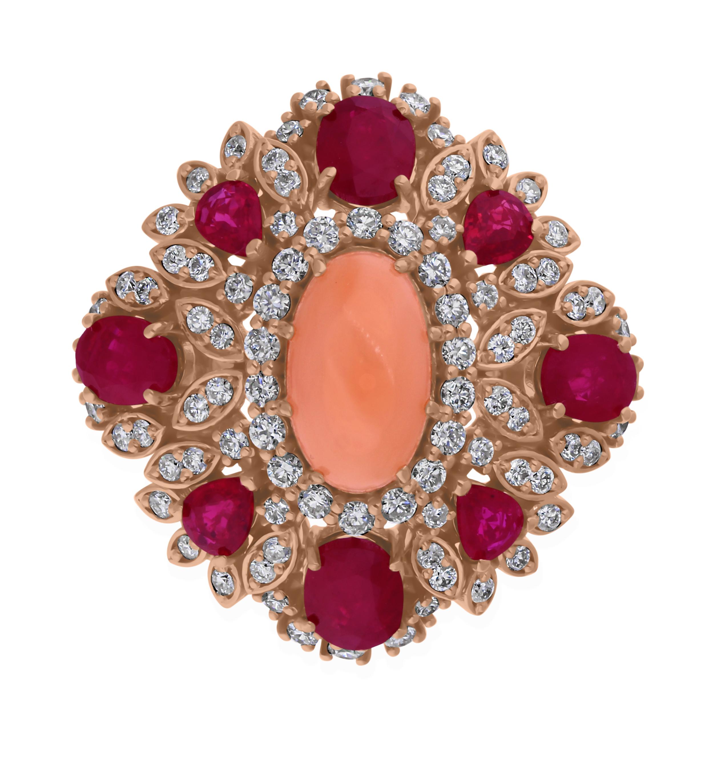En vente :  2.05 Carat Coral 2.65 Carat Ruby 0.83 Carat SI/H Diamond 18 Karat Rose Gold Ring 6