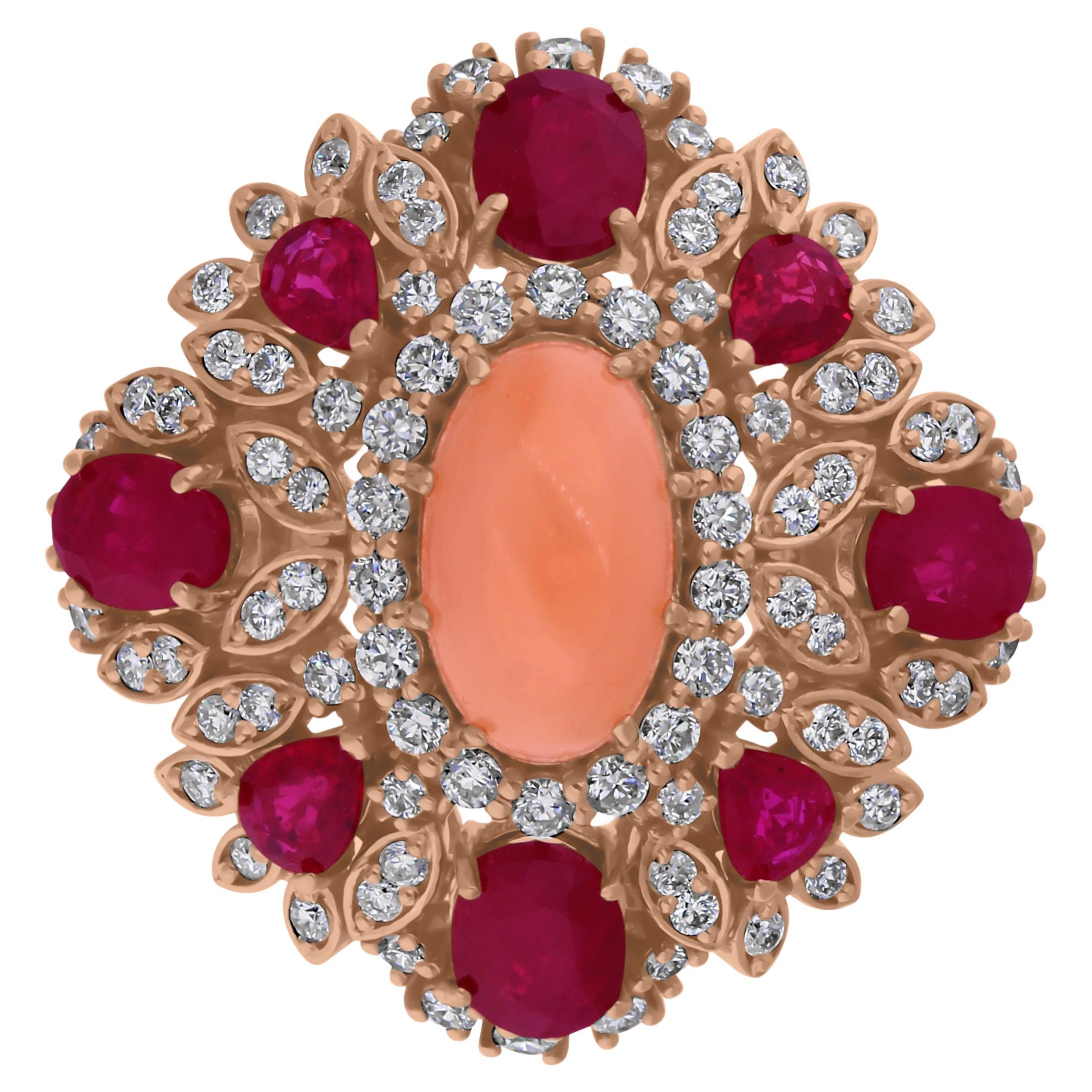 2.05 Carat Coral 2.65 Carat Ruby 0.83 Carat SI/H Diamond 18 Karat Rose Gold Ring