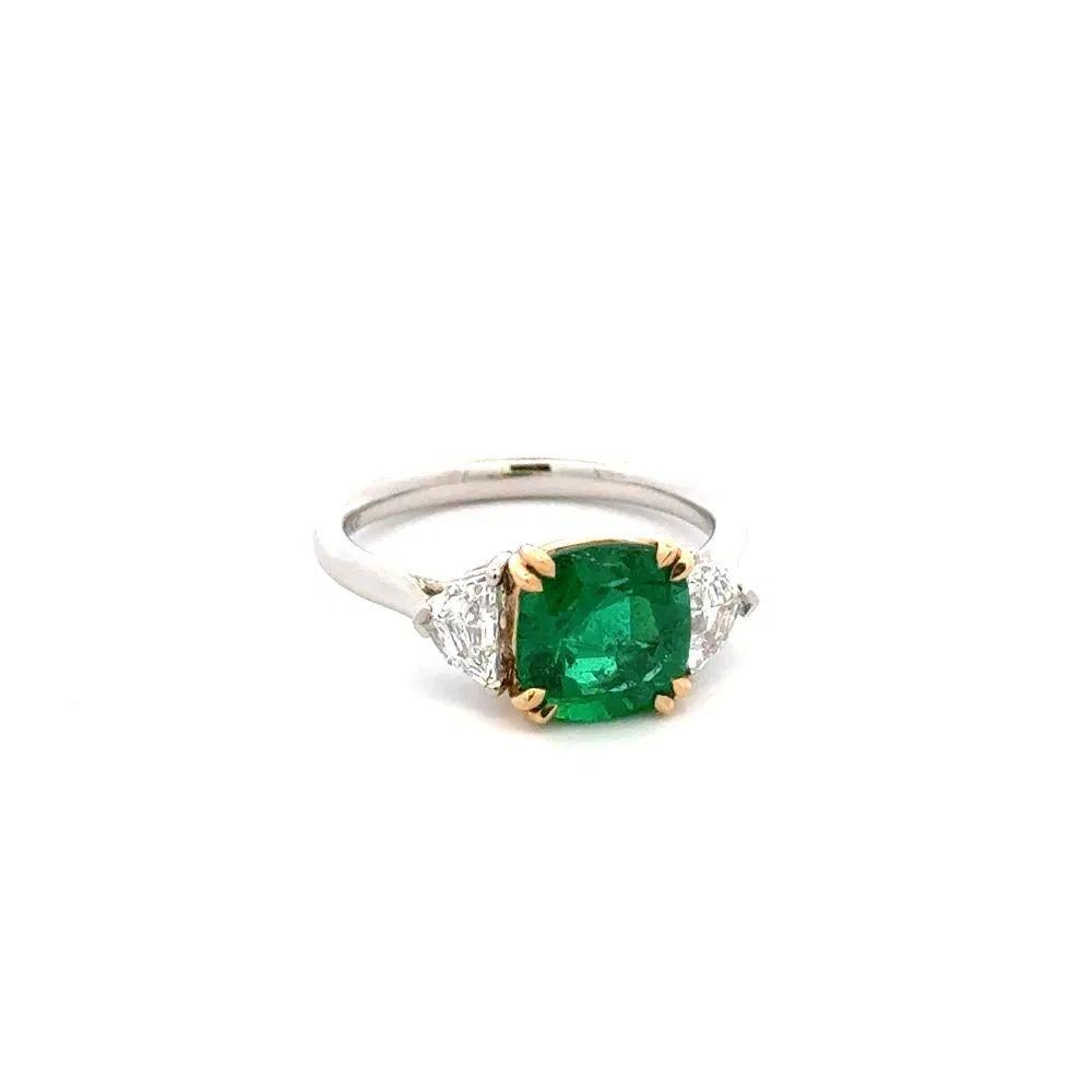 Simply Beautiful! Green Sapphire and Diamond Platinum Statement Vintage Cocktail Ring. Centering a securely Hand set Cushion Green Emerald, weighing approx. 2.05 Carat. Enhanced either side with a Shield Diamond, approx. 0.48tcw. Hand crafted