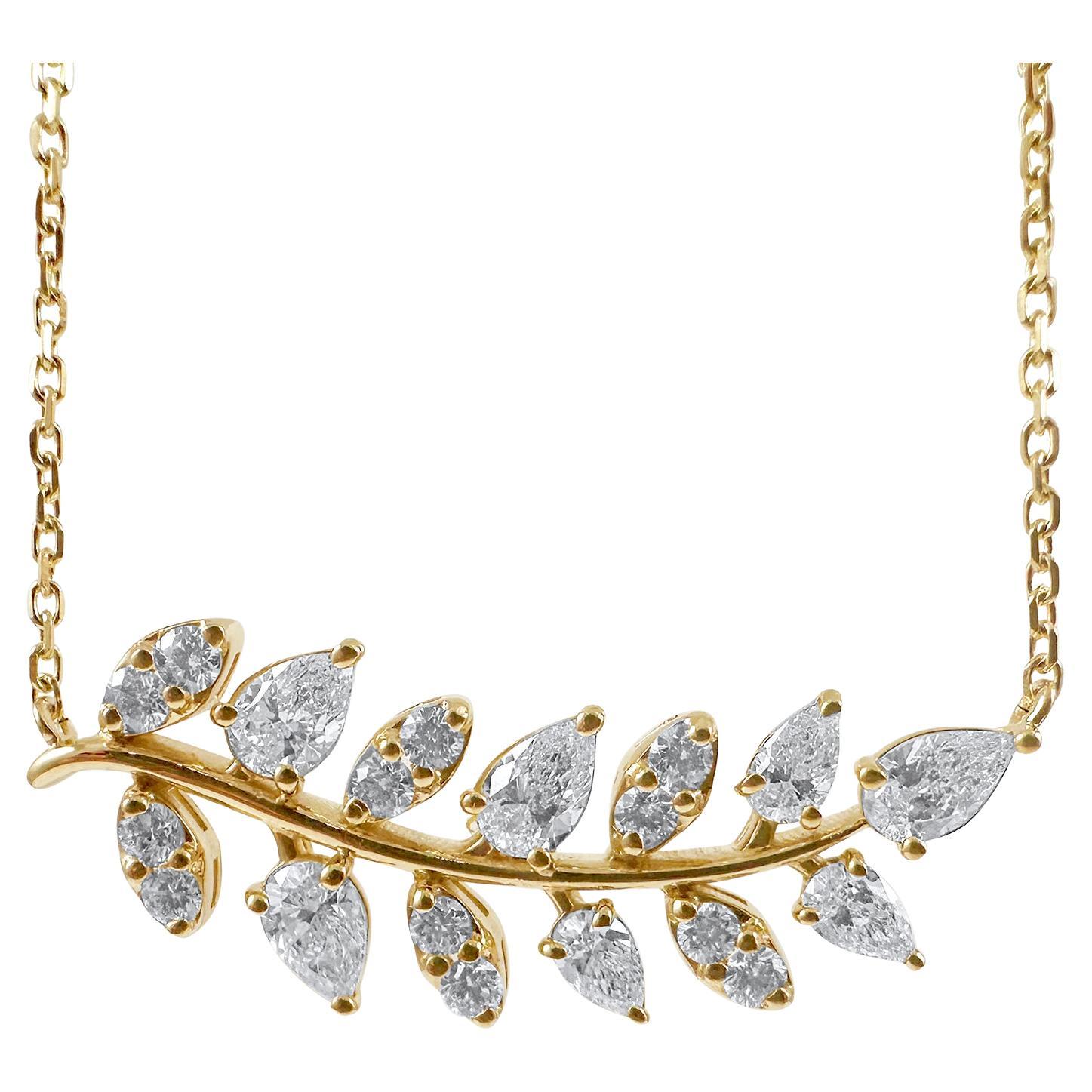 Collier en or jaune 14 carats à feuilles de diamants de 2,05 carats, 17 pouces