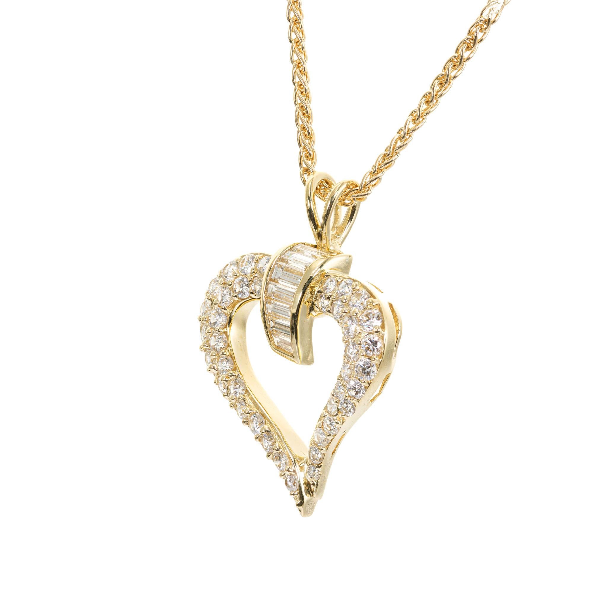 Open heart pendant necklace. 39 round brilliant cut diamond heart halo with 7 straight baguette diamonds set in 18k yellow gold. Chain 18 inches in length. 

39 round brilliant cut diamonds, F-G VS-SI approx. 1.50cts
7 straight cut baguette
