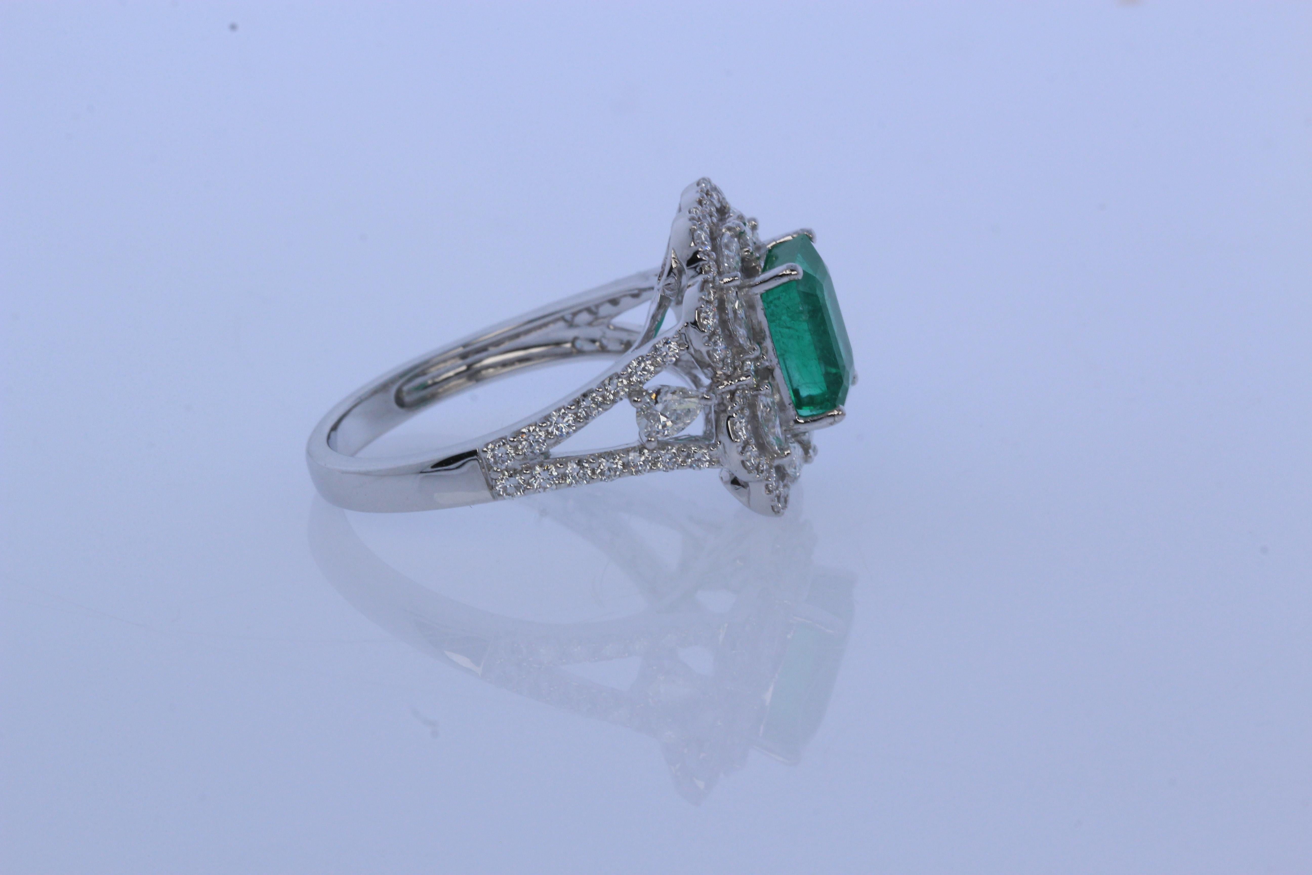 Cushion Cut 2.05 Carat Emerald and Diamond Ring in 18 Karat Gold For Sale