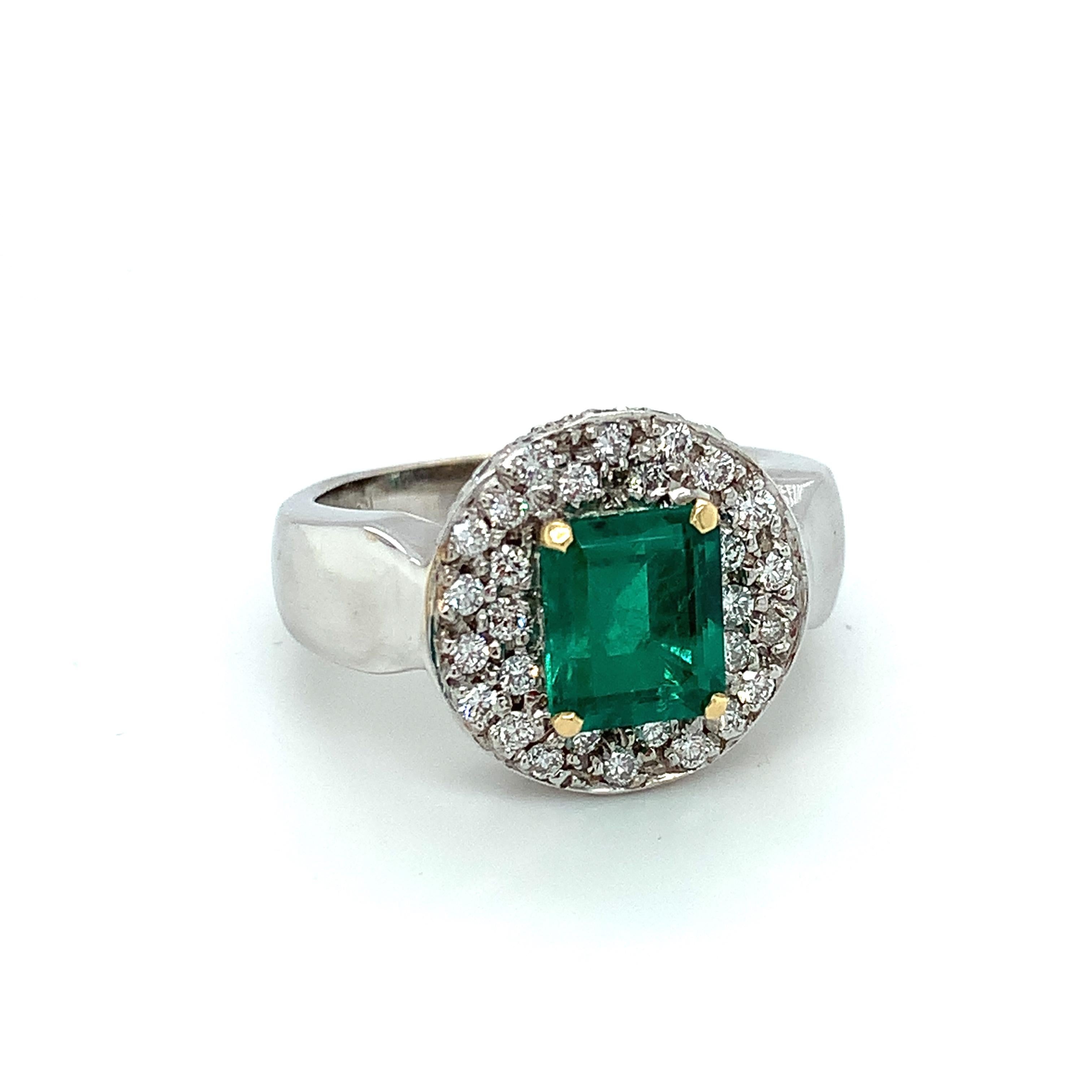 Artisan Emerald and Diamond Cocktail Ring in White Gold, 2.05 Carats For Sale