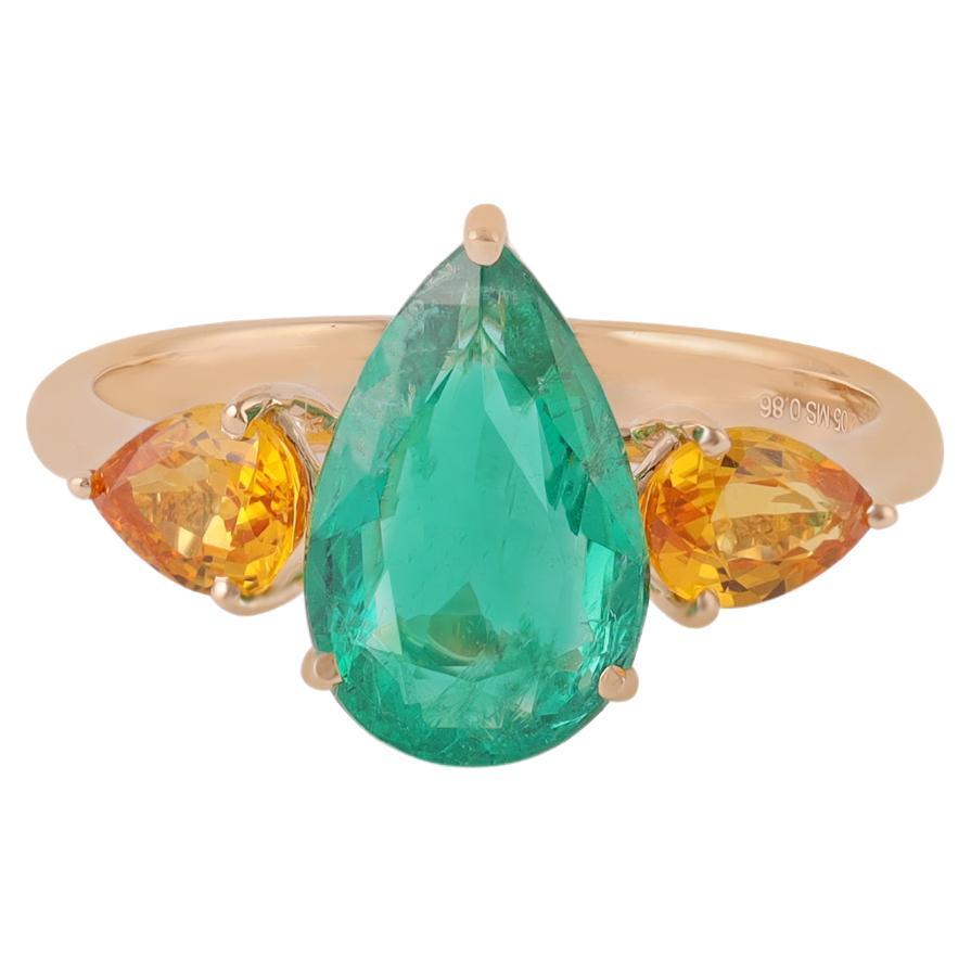 2.05 Carat Emerald & Sapphire Pear Shape Three-Stone Ring 18k Yellow Gold For Sale