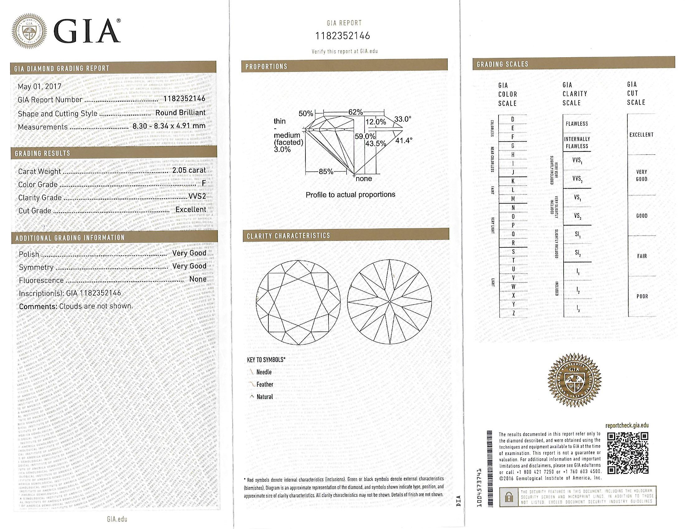 GIA Certificado Single Stone Diamante Redondo 2.05ct F, VVS2 Anillo de Compromiso en venta 3
