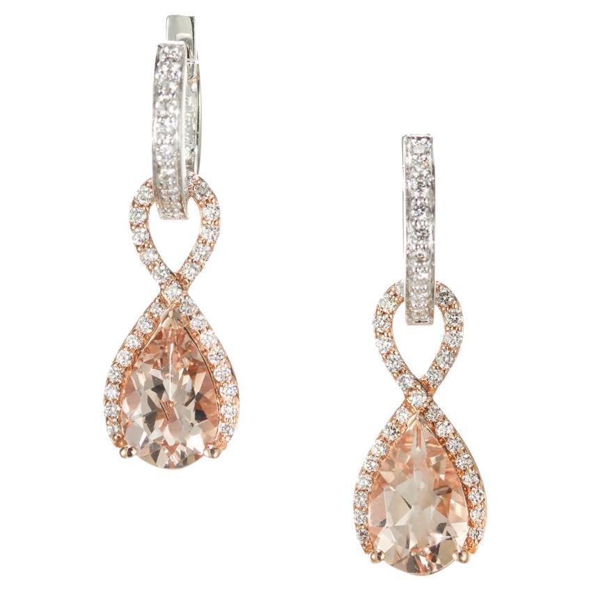 2.05 Carat Morganite Diamond 14k Rose and White Gold Dangle Earrings For Sale